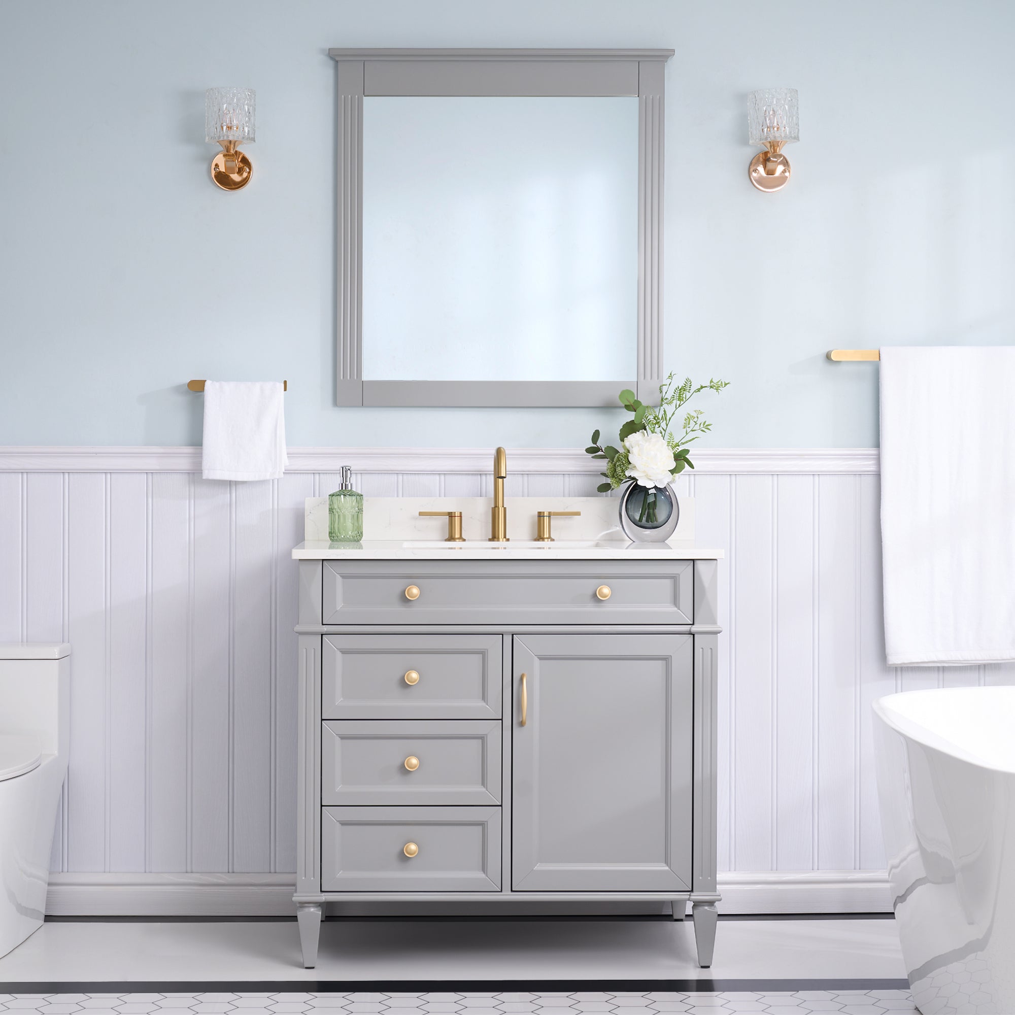 36 in. Bathroom Vanity in Grey with Quartz Vanity Top in Carrara with Single White Basin