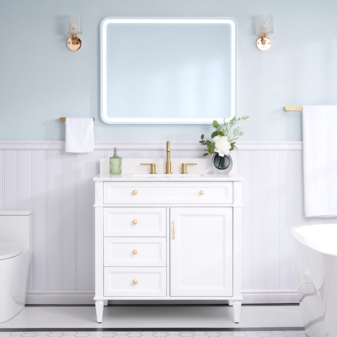 36" Bathroom Vanity in White with Quartz Vanity Top in Carrara with Single White Basin