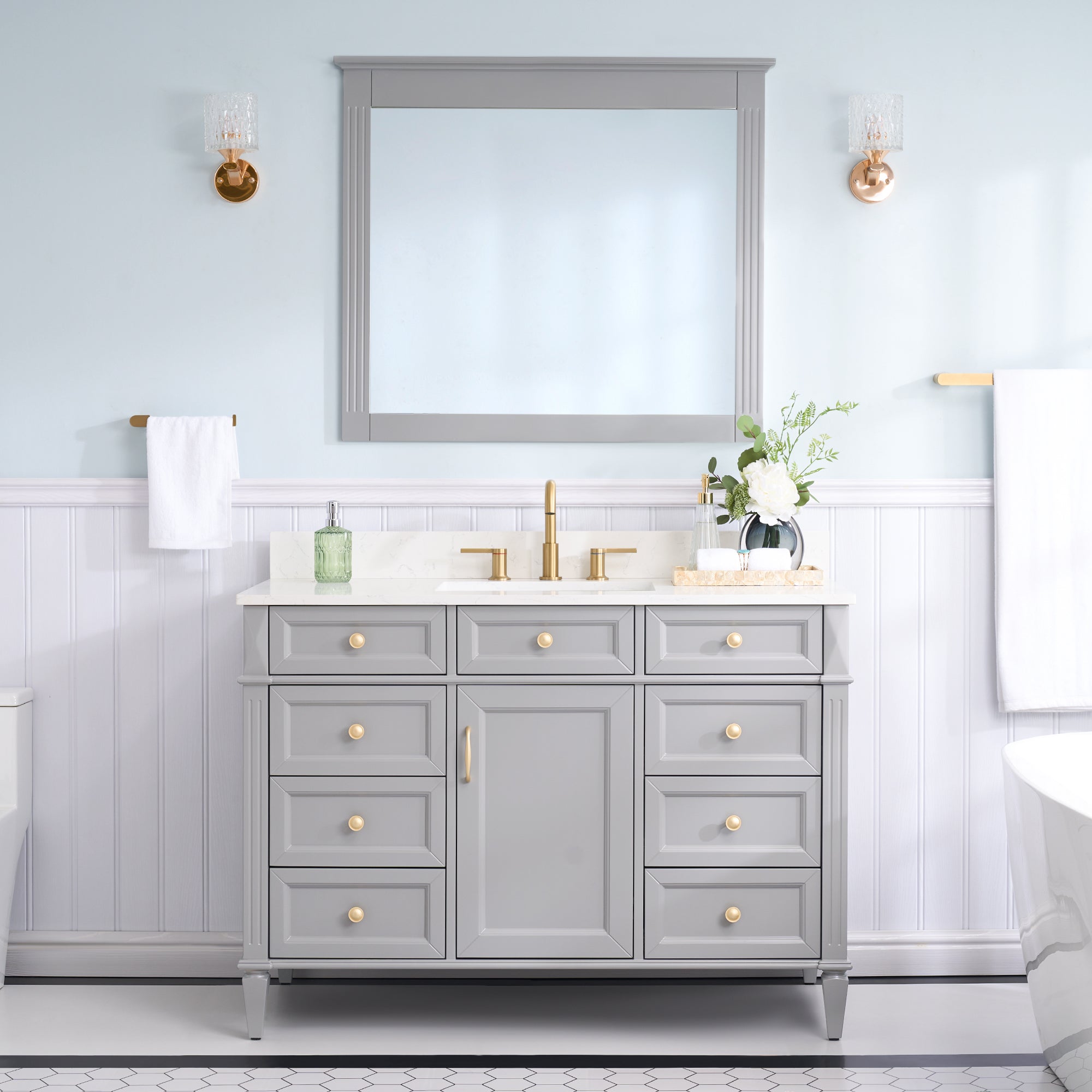48 in. Bathroom Vanity in Grey with Quartz Vanity Top in Carrara with Single White Basin
