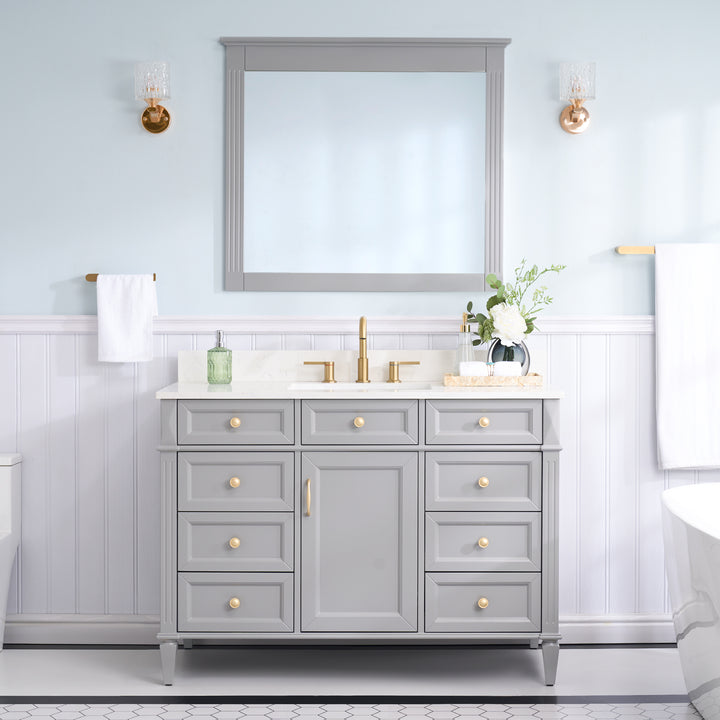 48" Bathroom Vanity in Grey with Quartz Vanity Top in Carrara with Single White Basin