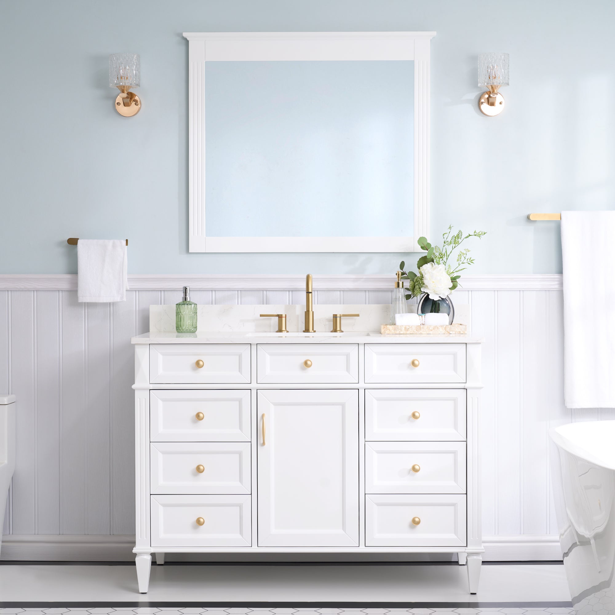 48 in. Bathroom Vanity in White with Quartz Vanity Top in Carrara with Single White Basin