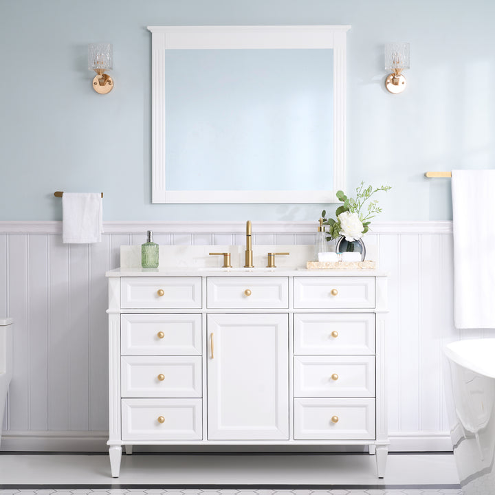 48" Bathroom Vanity in White with Quartz Vanity Top in Carrara with Single White Basin