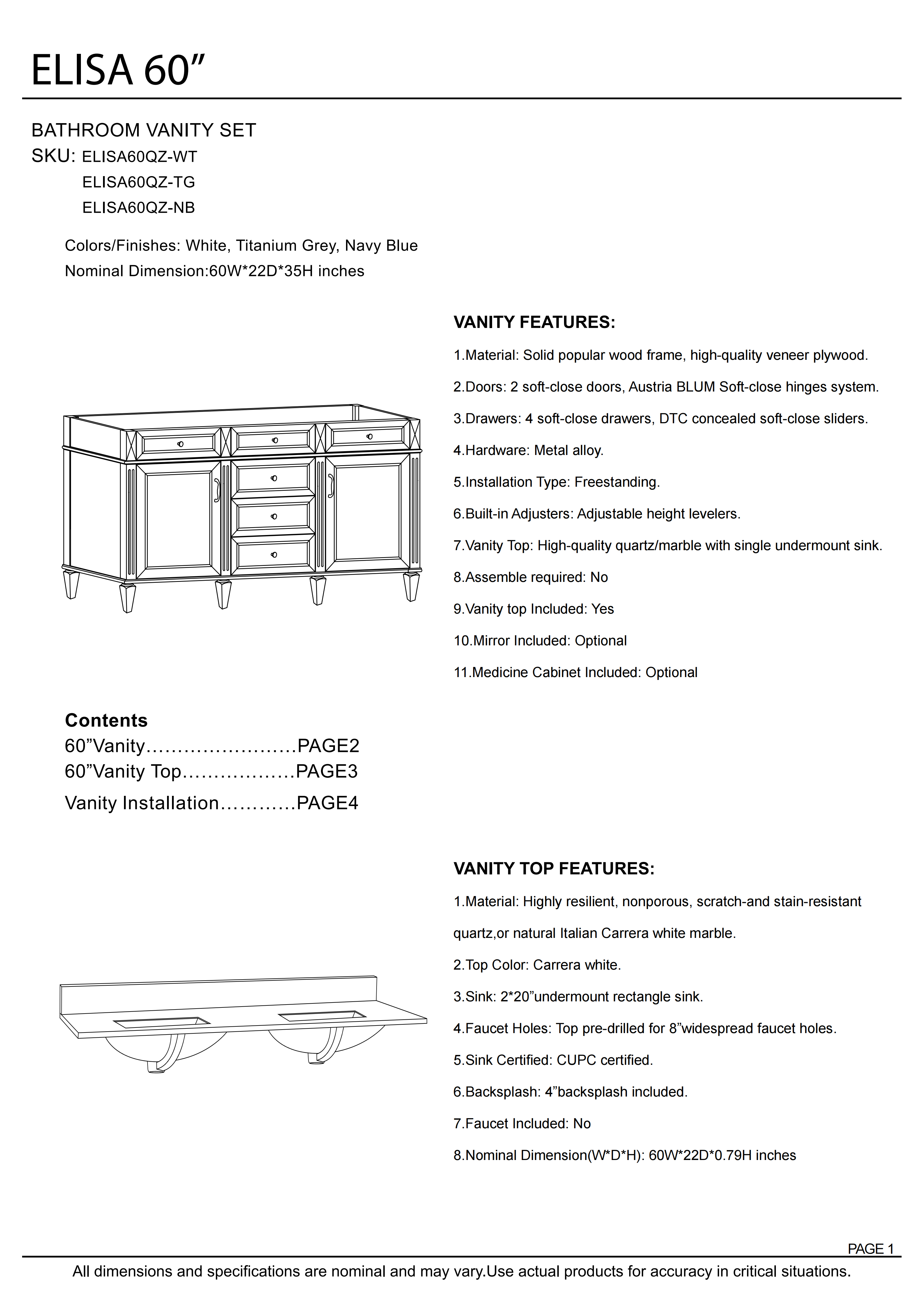 60 in. White Bathroom Vanity with Carrara white Quartz Top and Double Basins