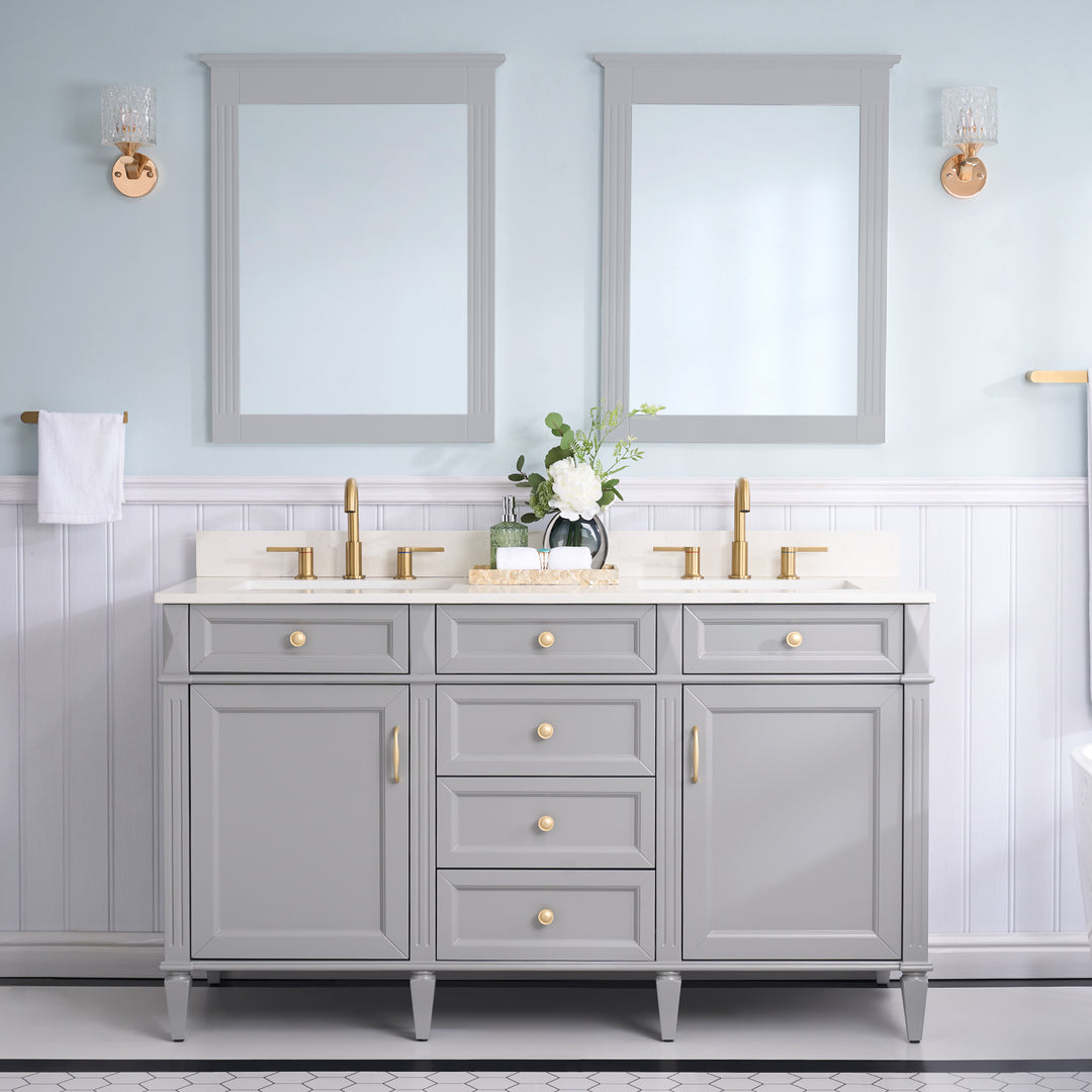 60" Bathroom Vanity in Grey with Quartz Vanity Top in Carrara with Single White Basin