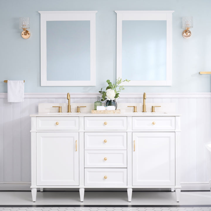 60" Bathroom Vanity in White with Quartz Vanity Top in Carrara with Single White Basin