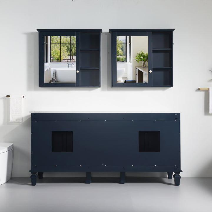 72" Navy Blue Freestanding Solid Wood Bathroom Vanity Storage Organizer with Carrara White Quartz Countertop