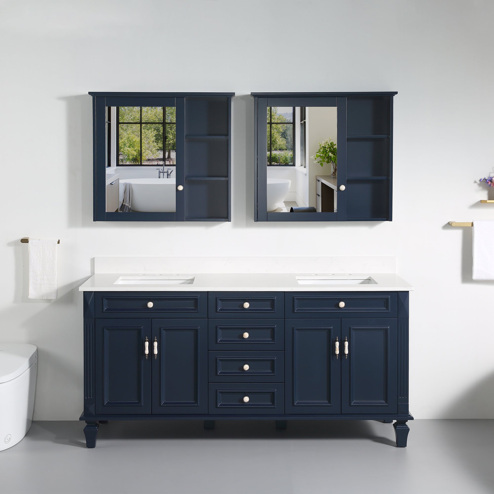 72 in. Navy Blue Freestanding Solid Wood Bathroom Vanity Storage Organizer with Carrara White Quartz Countertop