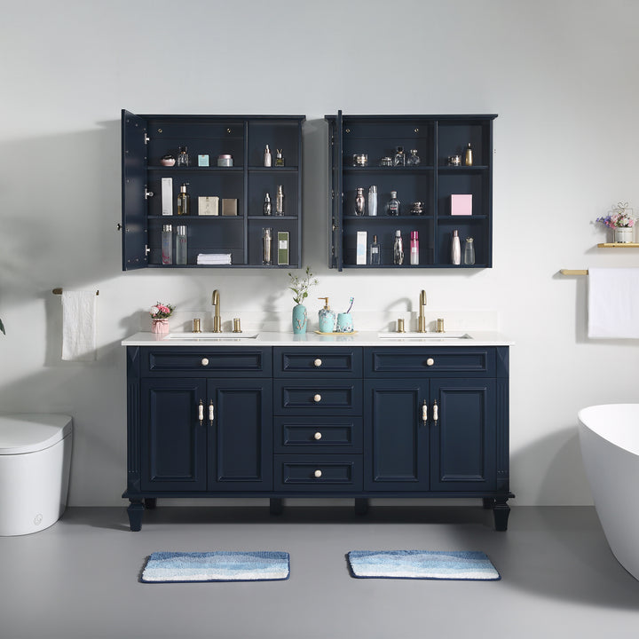 72" Navy Blue Freestanding Solid Wood Bathroom Vanity Storage Organizer with Carrara White Quartz Countertop