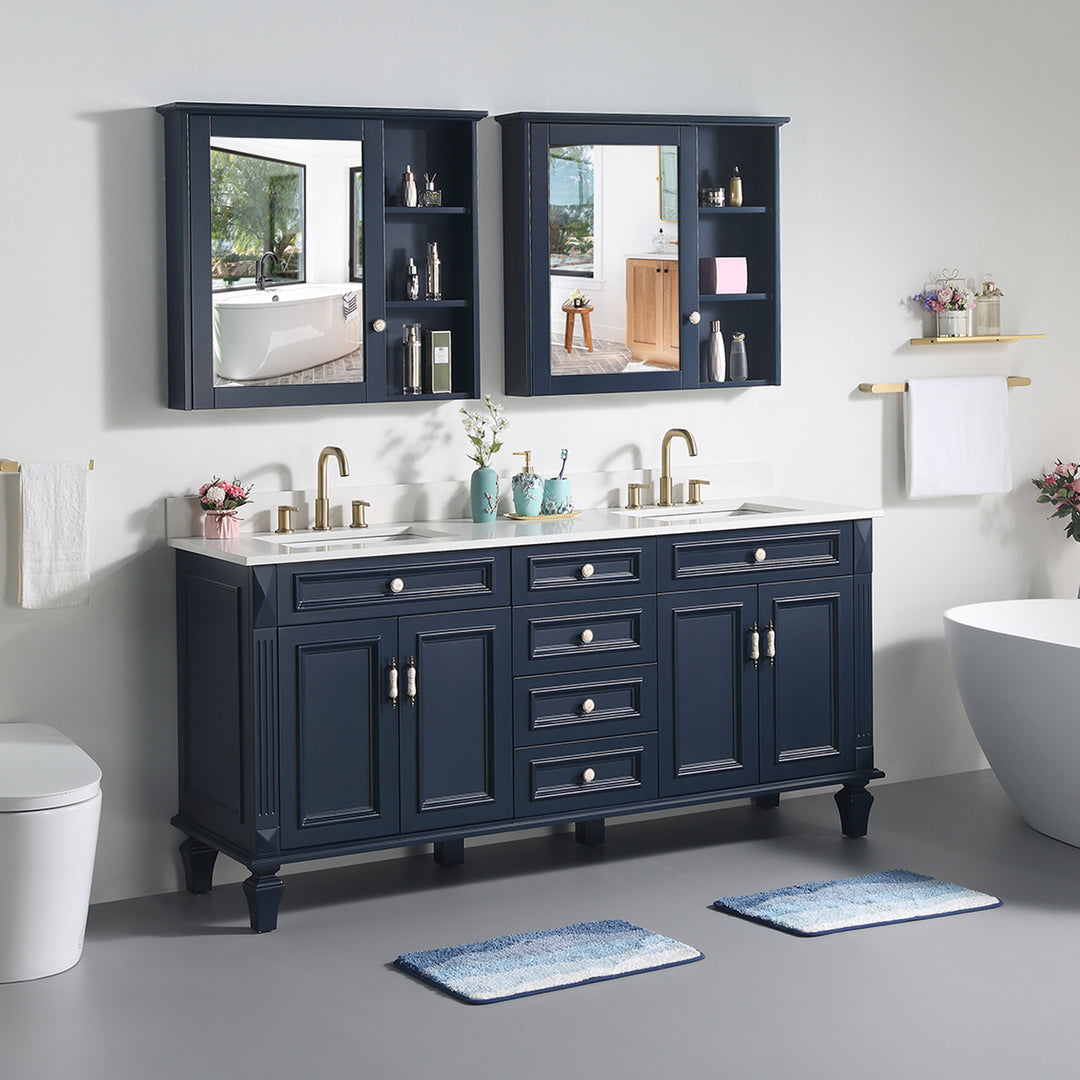 72" Navy Blue Freestanding Solid Wood Bathroom Vanity Storage Organizer with Carrara White Quartz Countertop