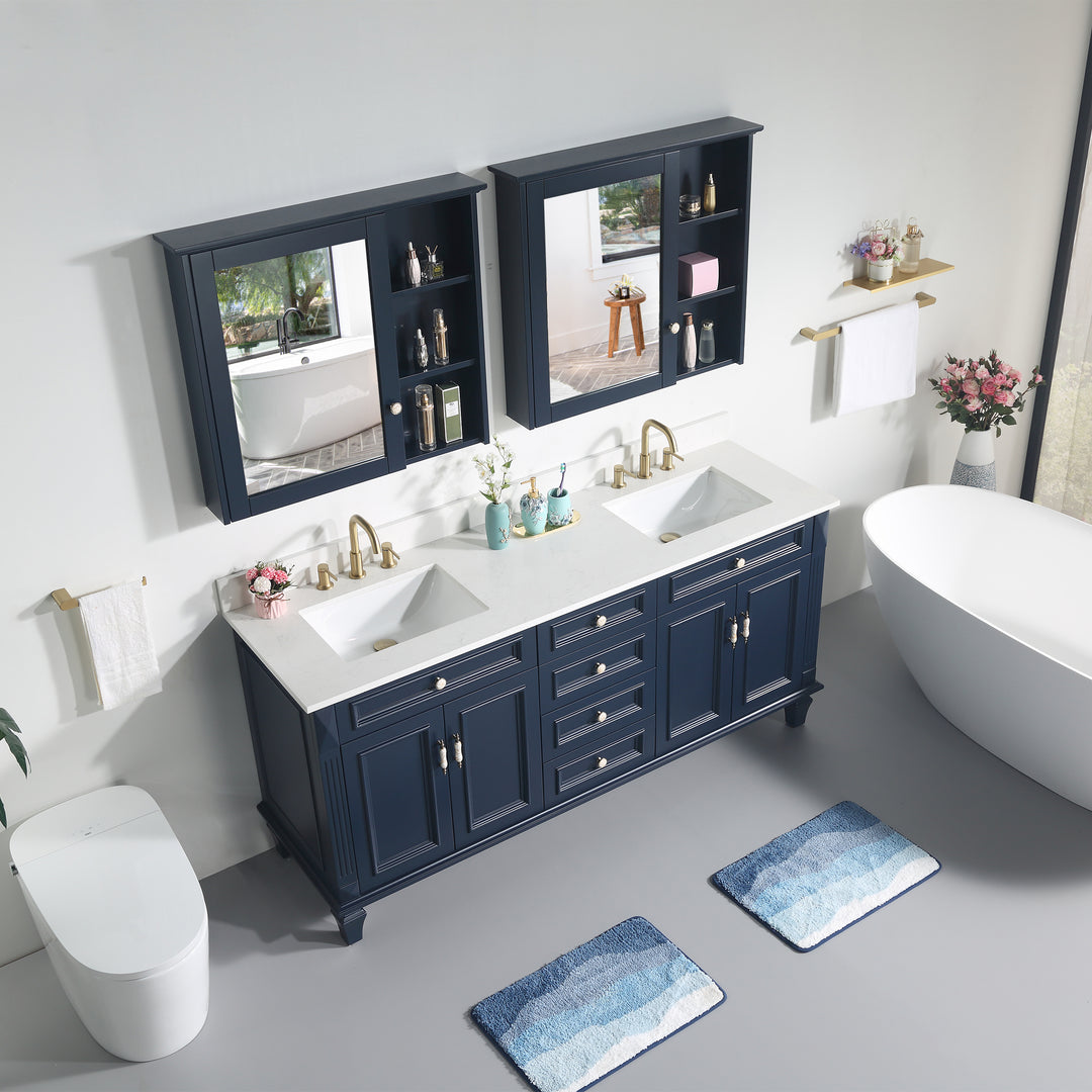 72" Navy Blue Freestanding Solid Wood Bathroom Vanity Storage Organizer with Carrara White Quartz Countertop