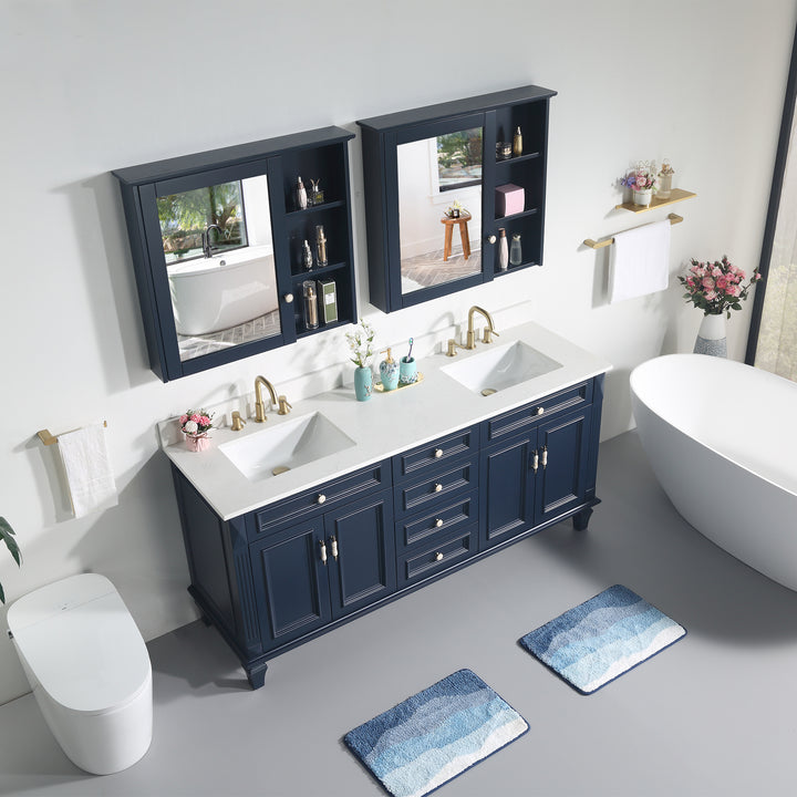 72" Navy Blue Freestanding Solid Wood Bathroom Vanity Storage Organizer with Carrara White Quartz Countertop