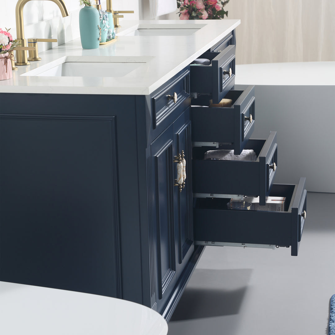 72" Navy Blue Freestanding Solid Wood Bathroom Vanity Storage Organizer with Carrara White Quartz Countertop
