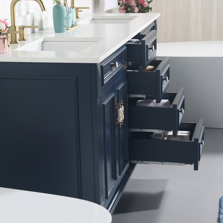 72" Navy Blue Freestanding Solid Wood Bathroom Vanity Storage Organizer with Carrara White Quartz Countertop