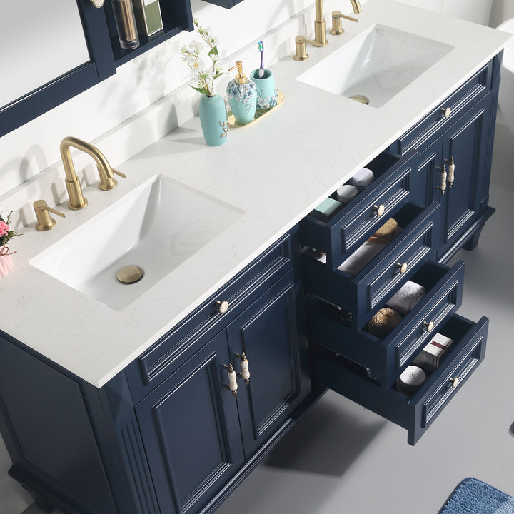 72" Navy Blue Freestanding Solid Wood Bathroom Vanity Storage Organizer with Carrara White Quartz Countertop