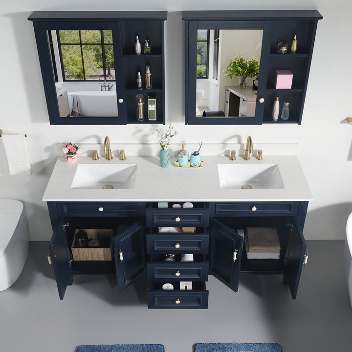 72" Navy Blue Freestanding Solid Wood Bathroom Vanity Storage Organizer with Carrara White Quartz Countertop