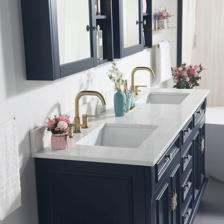 72" Navy Blue Freestanding Solid Wood Bathroom Vanity Storage Organizer with Carrara White Quartz Countertop