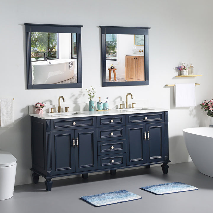 72" Navy Blue Freestanding Solid Wood Bathroom Vanity Storage Organizer with Carrara White Quartz Countertop