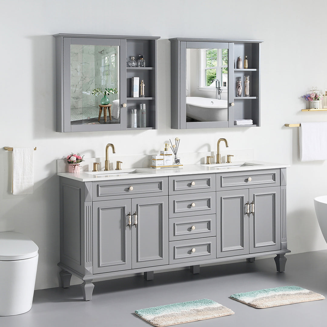 72" Titanium Grey Freestanding Solid Wood Bathroom Vanity Storage Organizer with Carrara White Quartz Countertop