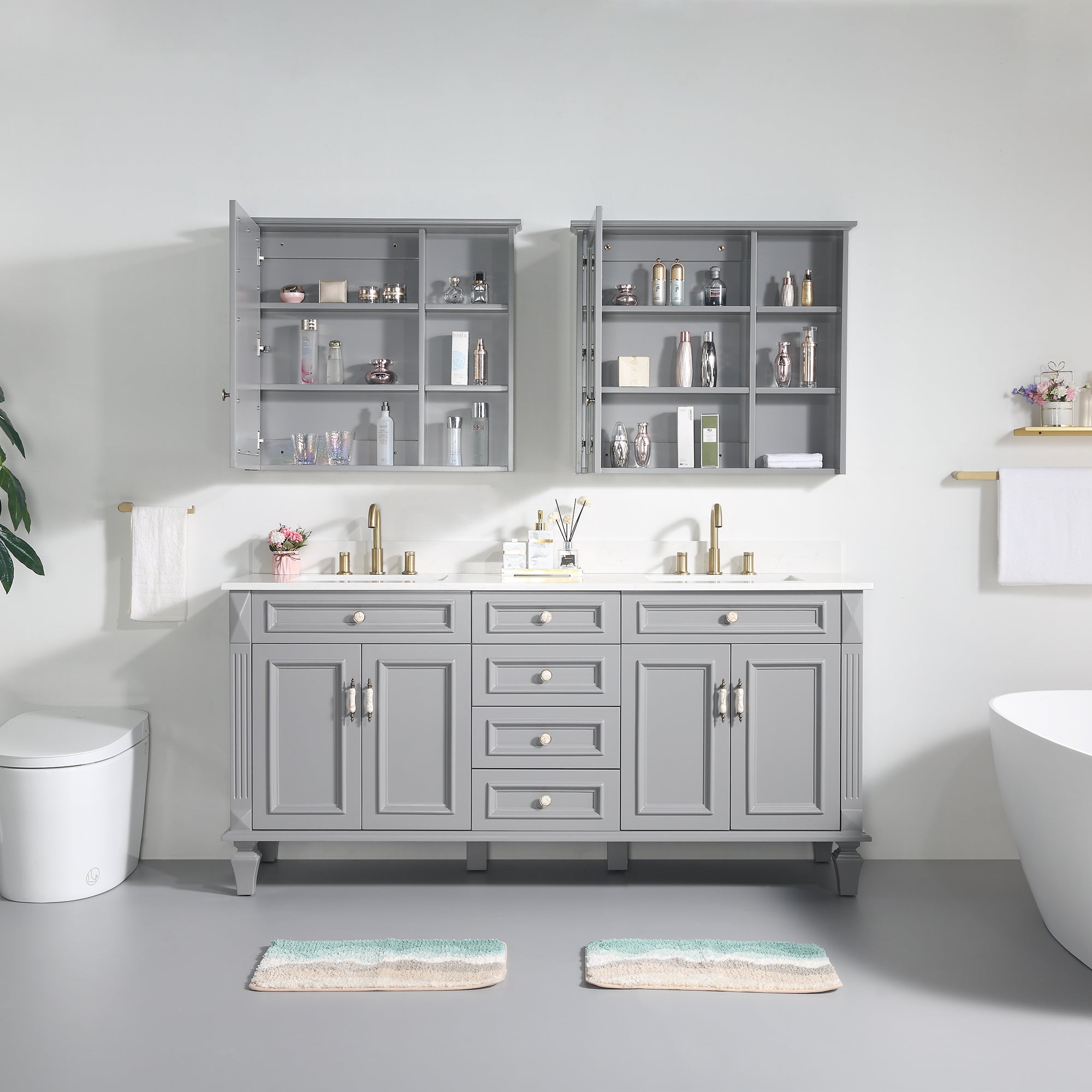 72 in. Titanium Grey Freestanding Solid Wood Bathroom Vanity Storage Organizer with Carrara White Quartz Countertop