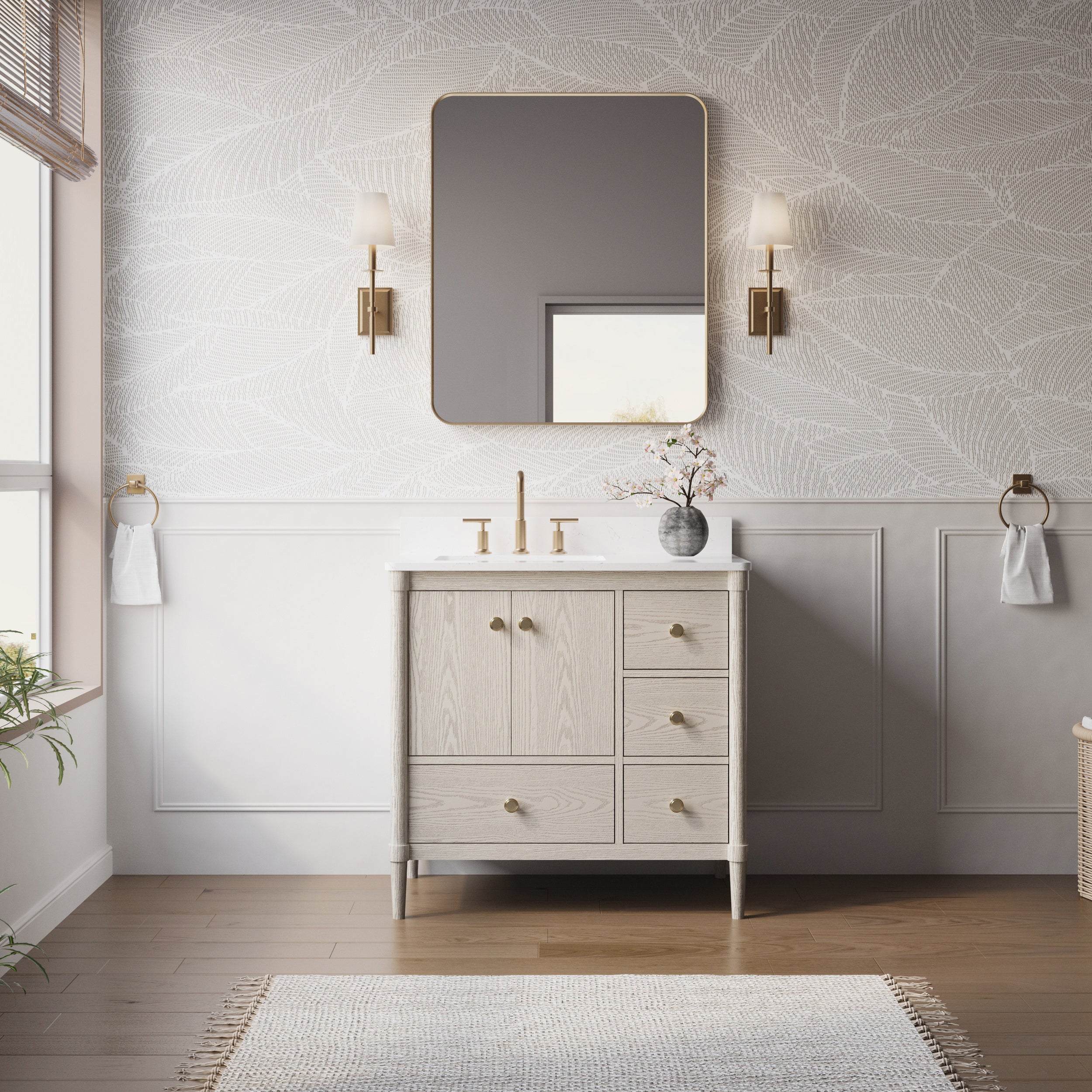 36-Inch Freestanding Oak Bathroom Vanity with Single Carrara White Quartz Top Sink