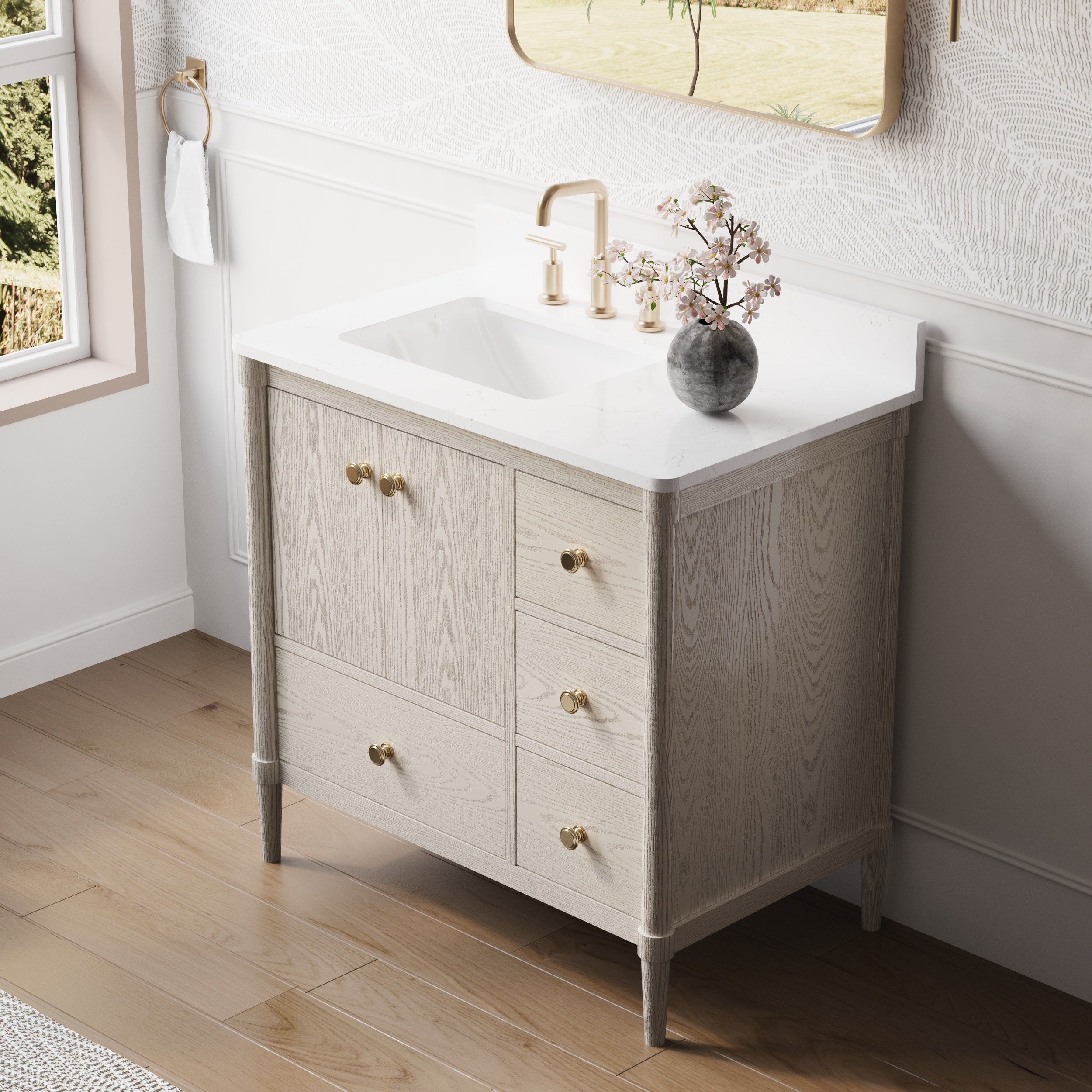 36-Inch Freestanding Oak Bathroom Vanity with Single Carrara White Quartz Top Sink
