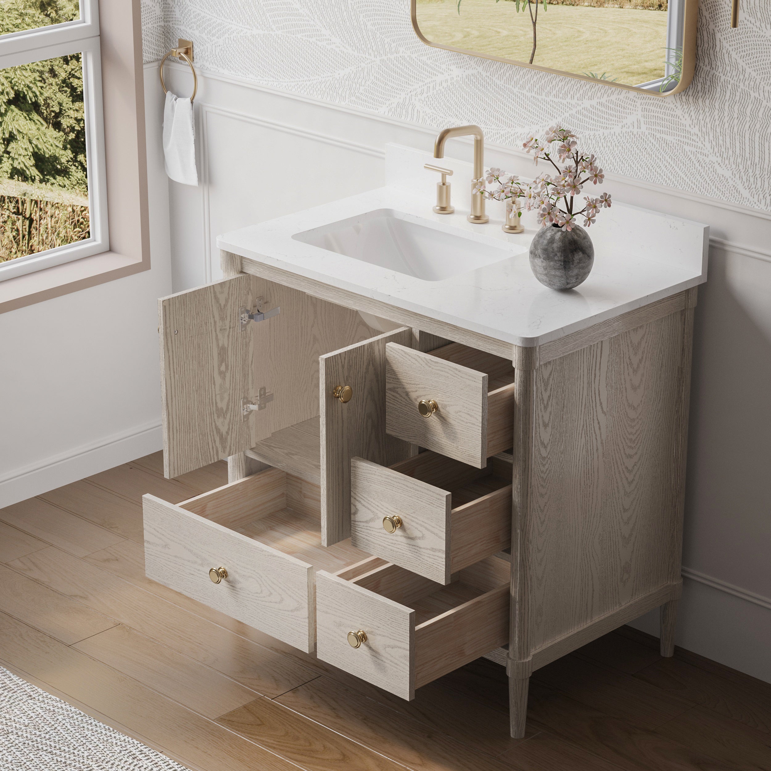 36-Inch Freestanding Oak Bathroom Vanity with Single Carrara White Quartz Top Sink