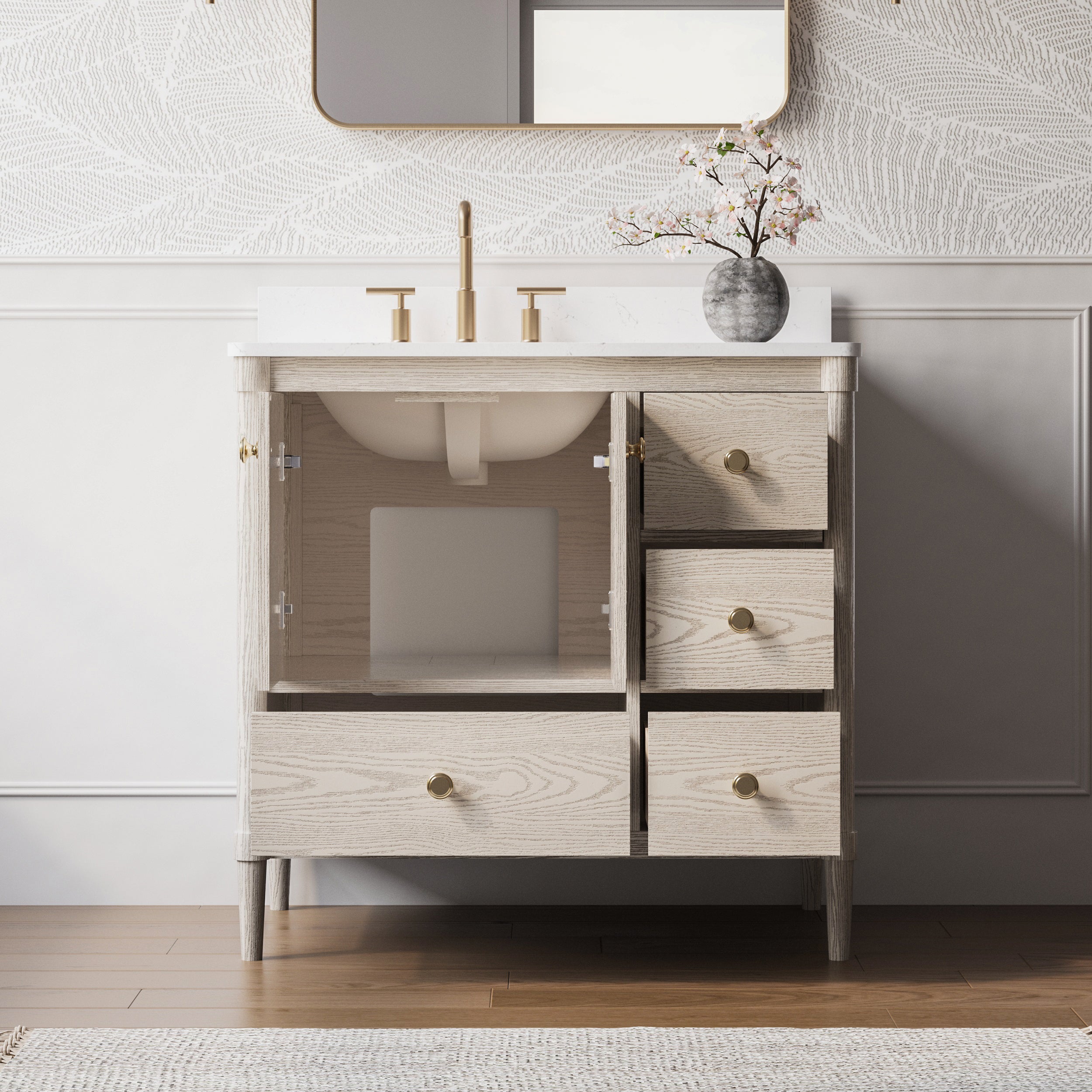 36-Inch Freestanding Oak Bathroom Vanity with Single Carrara White Quartz Top Sink