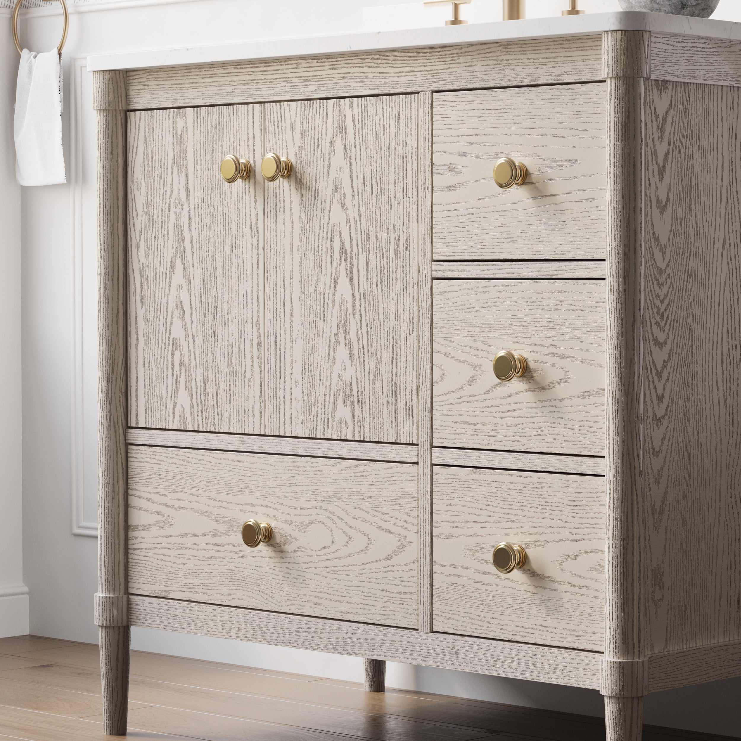 36-Inch Freestanding Oak Bathroom Vanity with Single Carrara White Quartz Top Sink