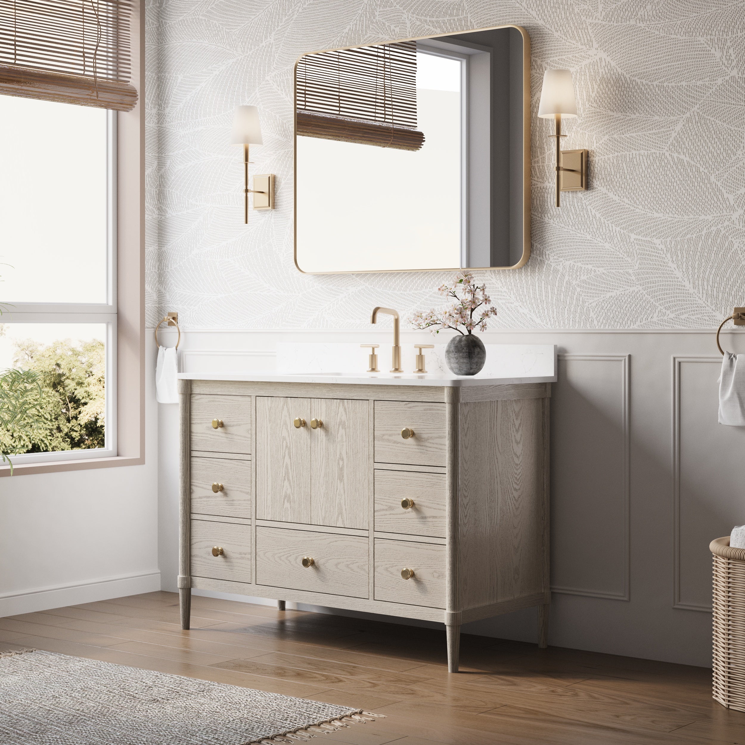 48-Inch Freestanding Oak Bathroom Vanity with Single Carrara White Quartz Top Sink