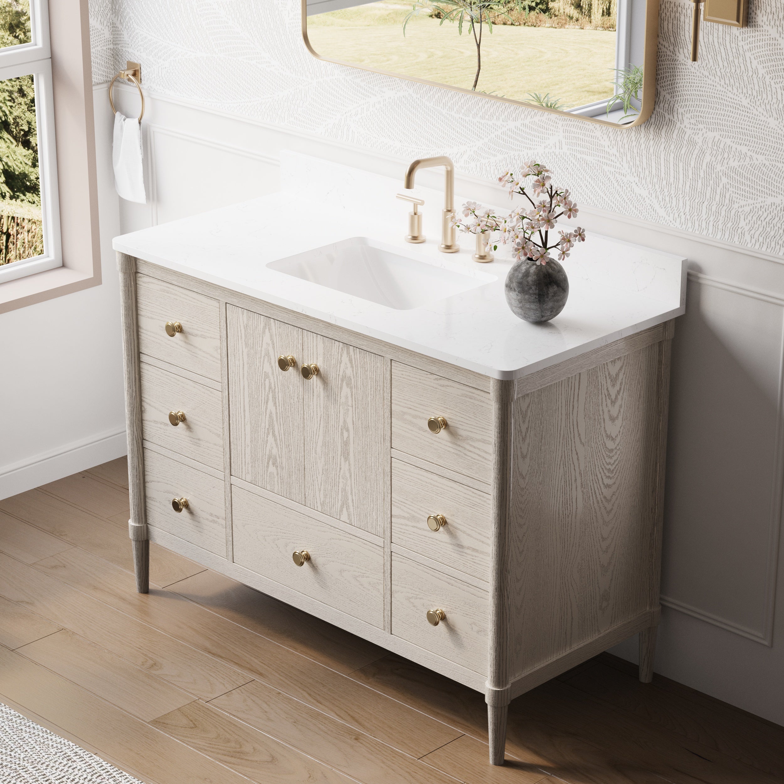 48-Inch Freestanding Oak Bathroom Vanity with Single Carrara White Quartz Top Sink
