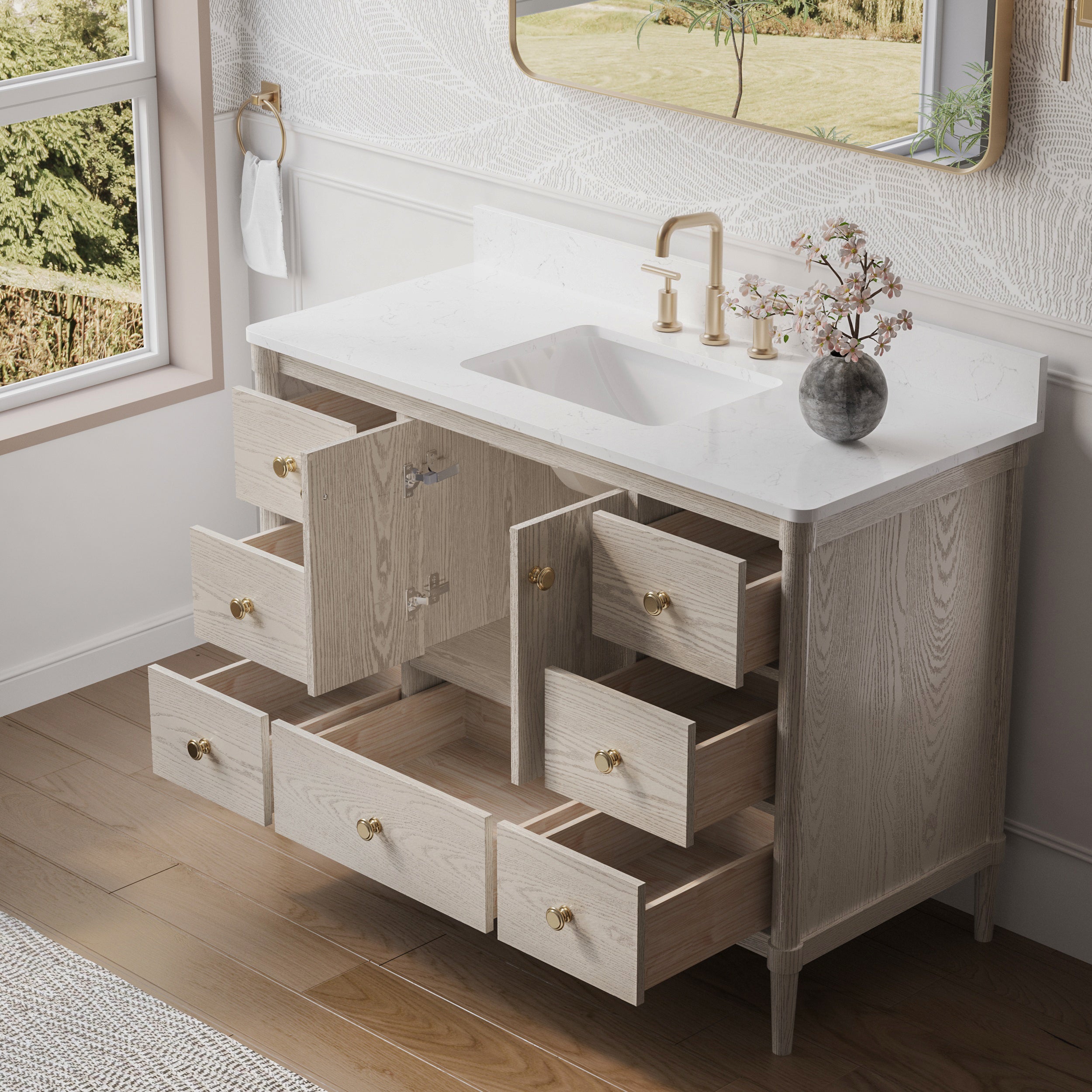 48-Inch Freestanding Oak Bathroom Vanity with Single Carrara White Quartz Top Sink