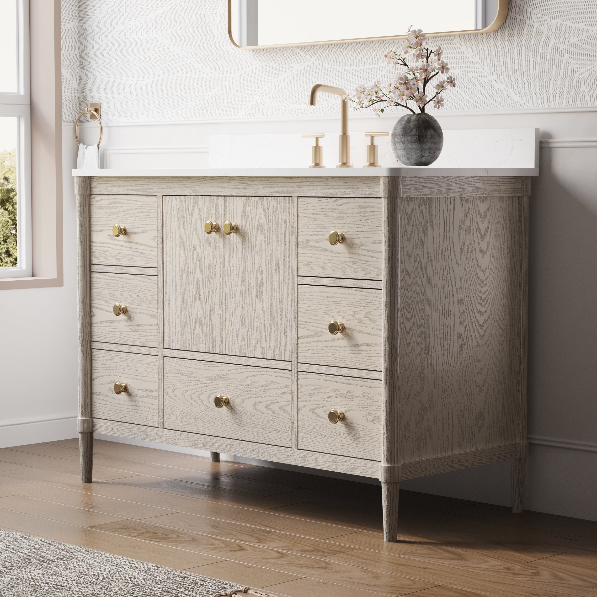 48-Inch Freestanding Oak Bathroom Vanity with Single Carrara White Quartz Top Sink