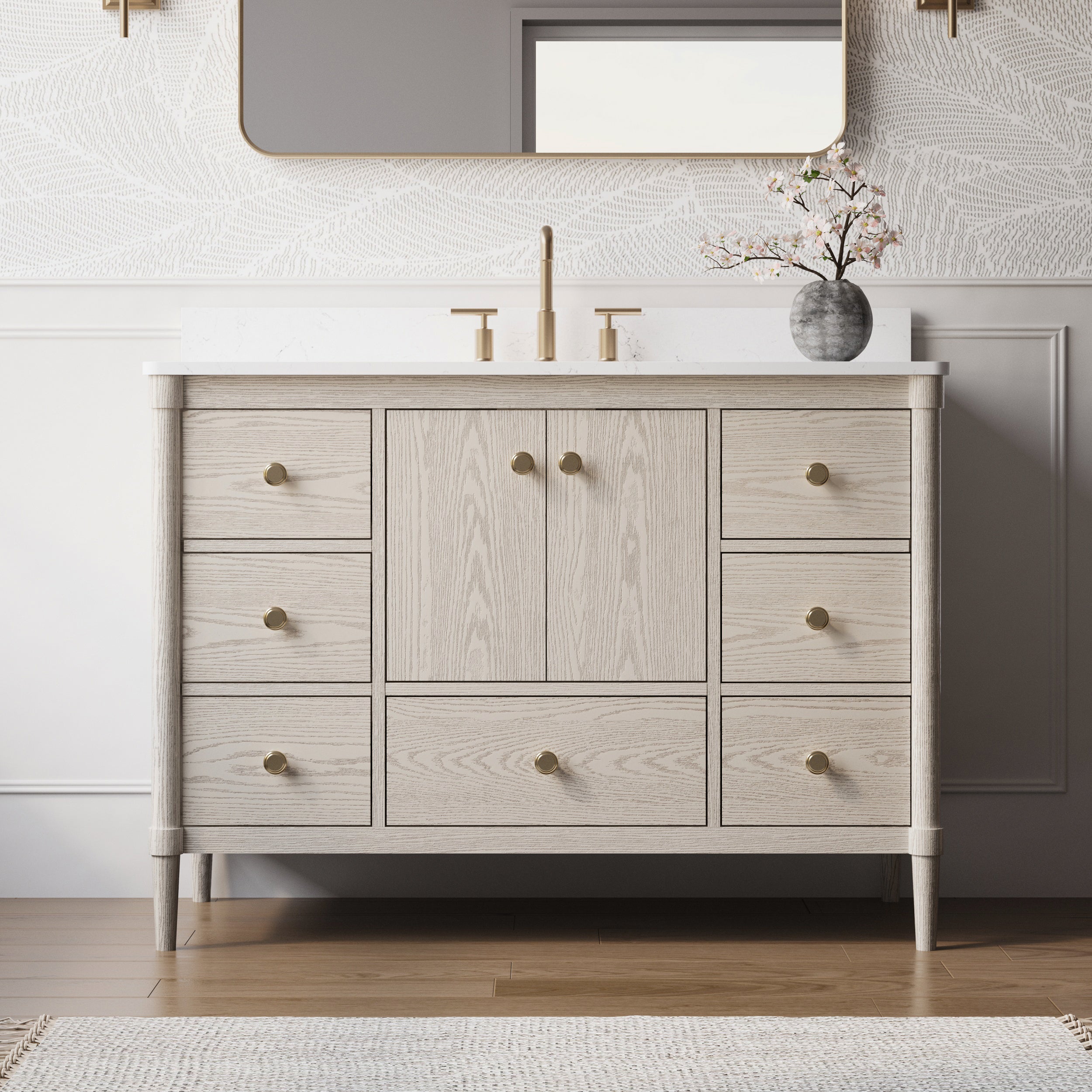 48-Inch Freestanding Oak Bathroom Vanity with Single Carrara White Quartz Top Sink