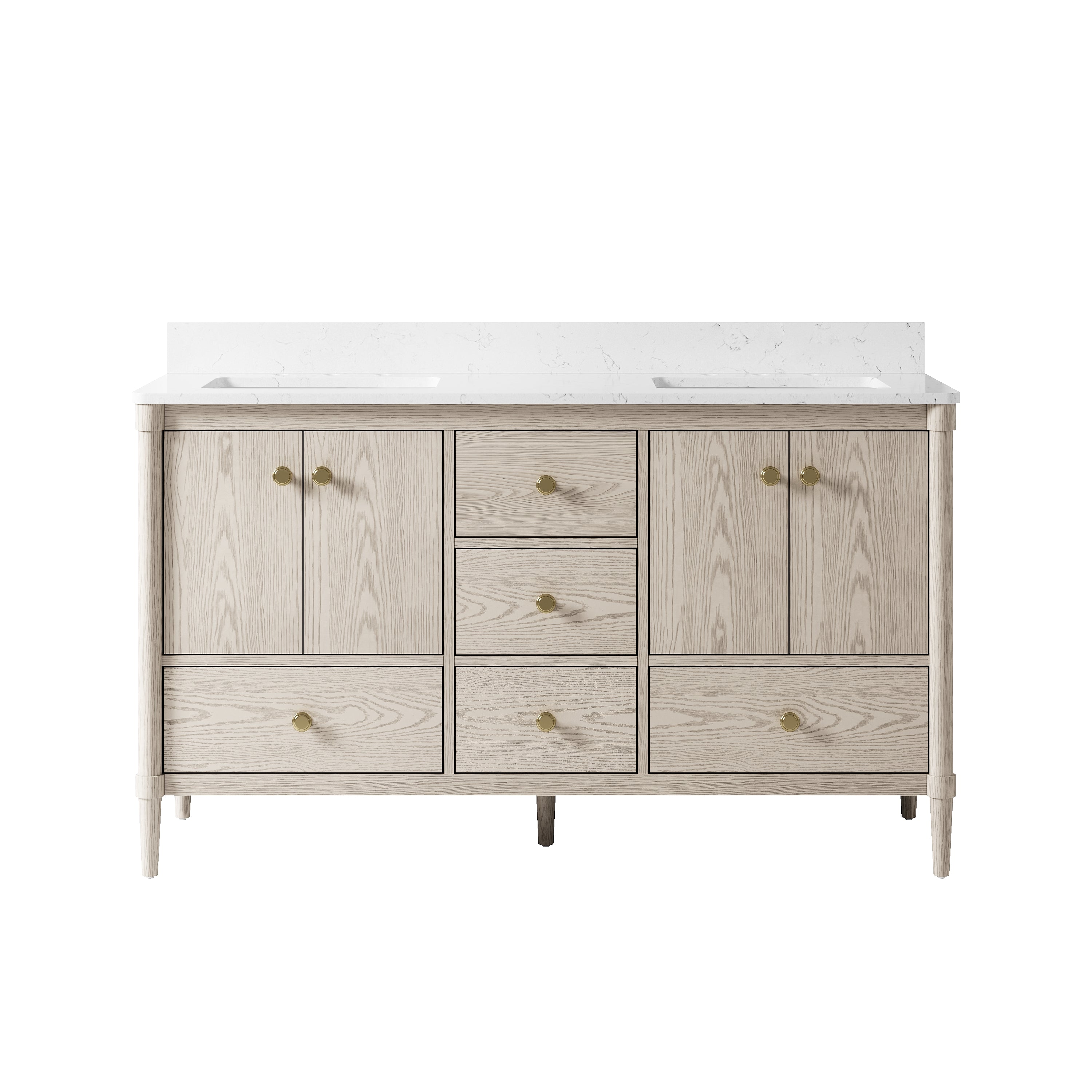 60-Inch Freestanding Oak Bathroom Vanity with Carrara White Quartz Top Double Sinks
