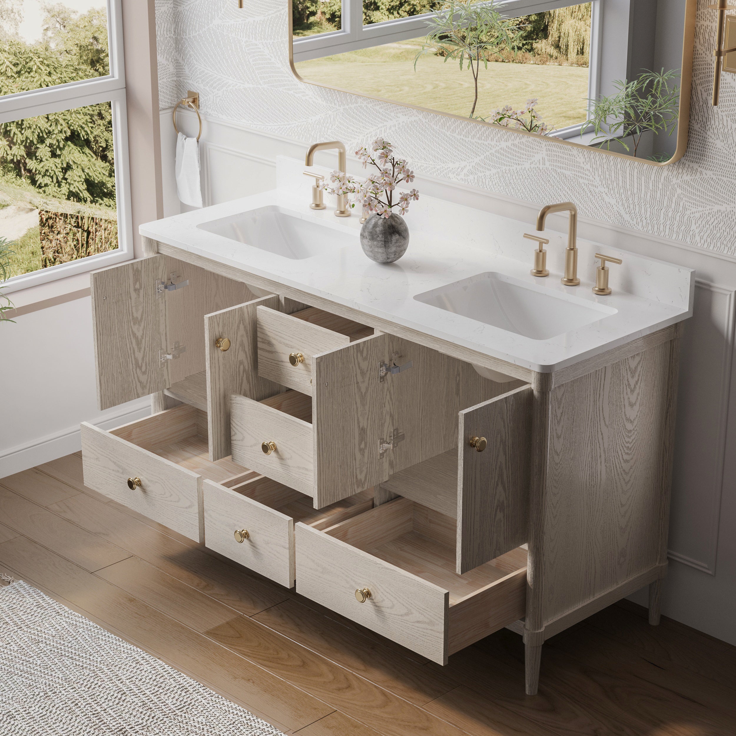 60-Inch Freestanding Oak Bathroom Vanity with Carrara White Quartz Top Double Sinks