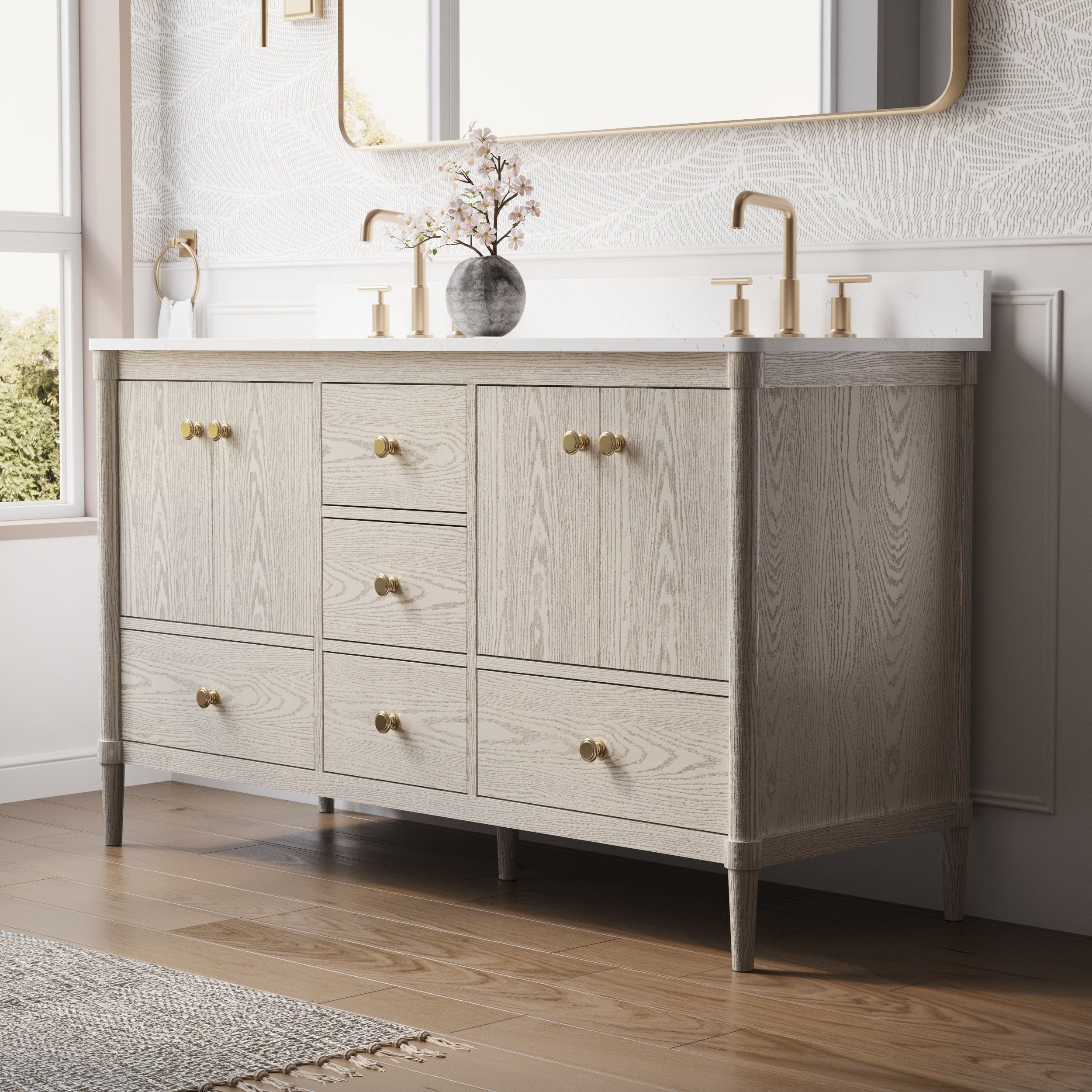 60-Inch Freestanding Oak Bathroom Vanity with Carrara White Quartz Top Double Sinks