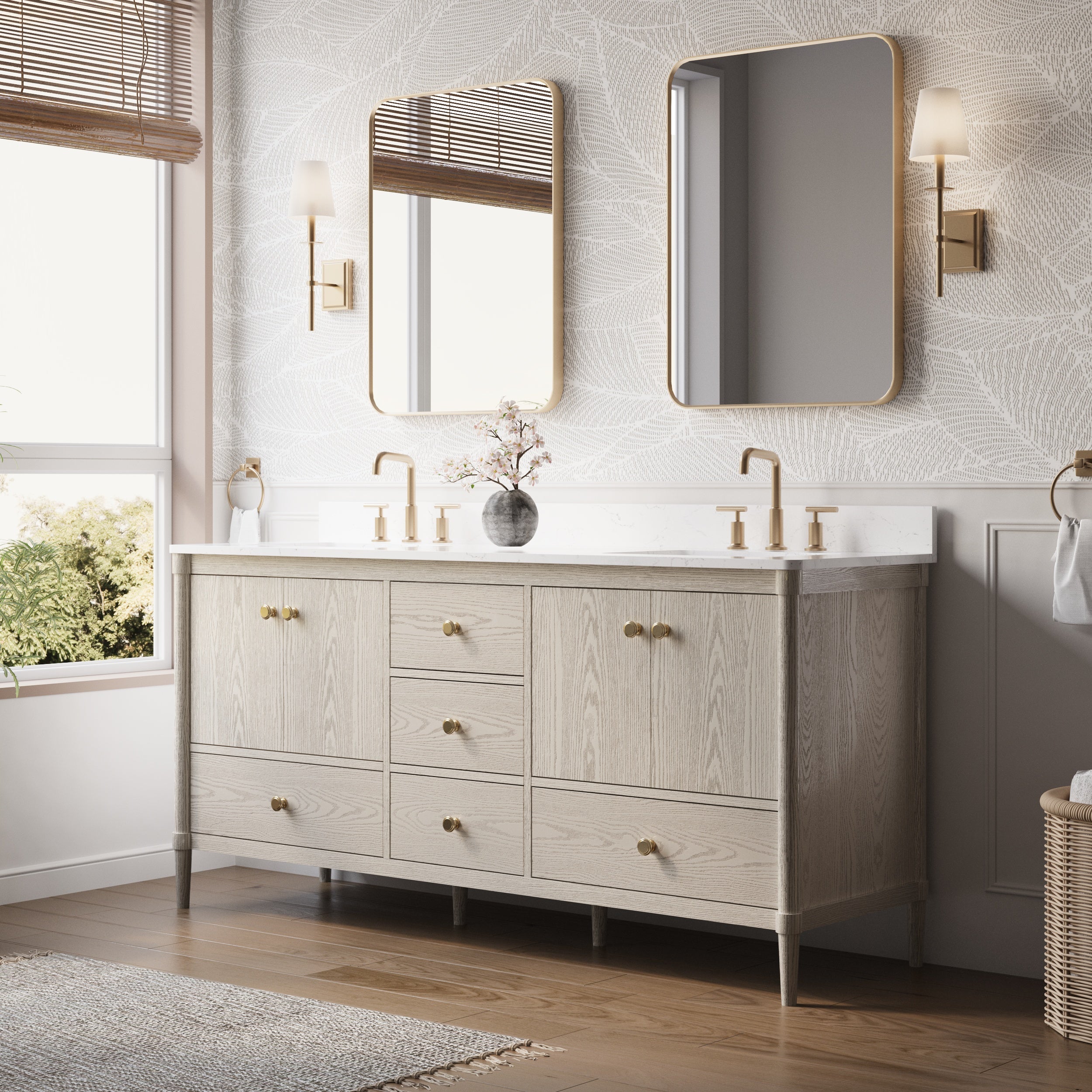 72 Inch Solid Wood Bathroom Vanity with Carrara Quartz Top, 4 Soft-Close Doors & 5 Drawers