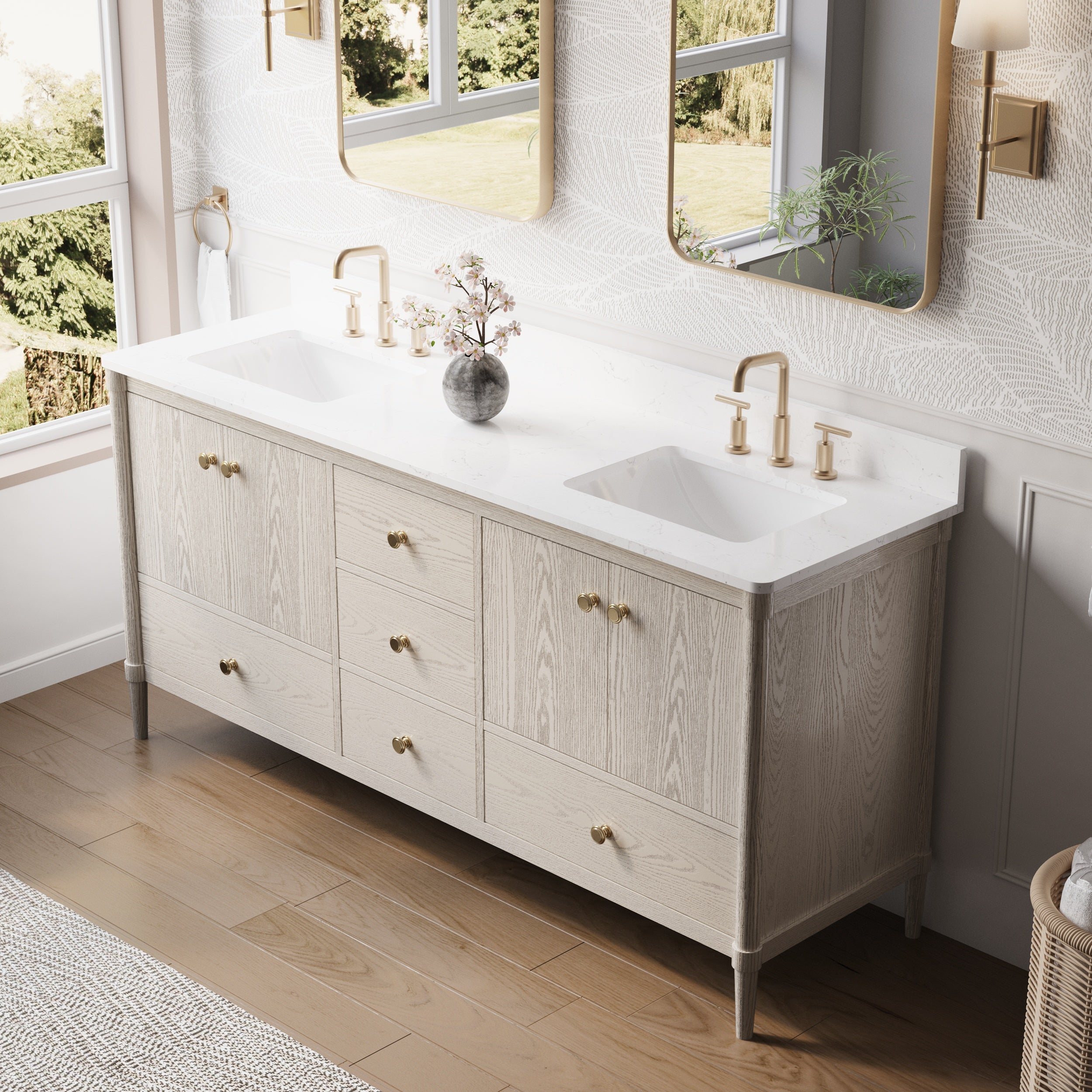 72 Inch Solid Wood Bathroom Vanity with Carrara Quartz Top, 4 Soft-Close Doors & 5 Drawers
