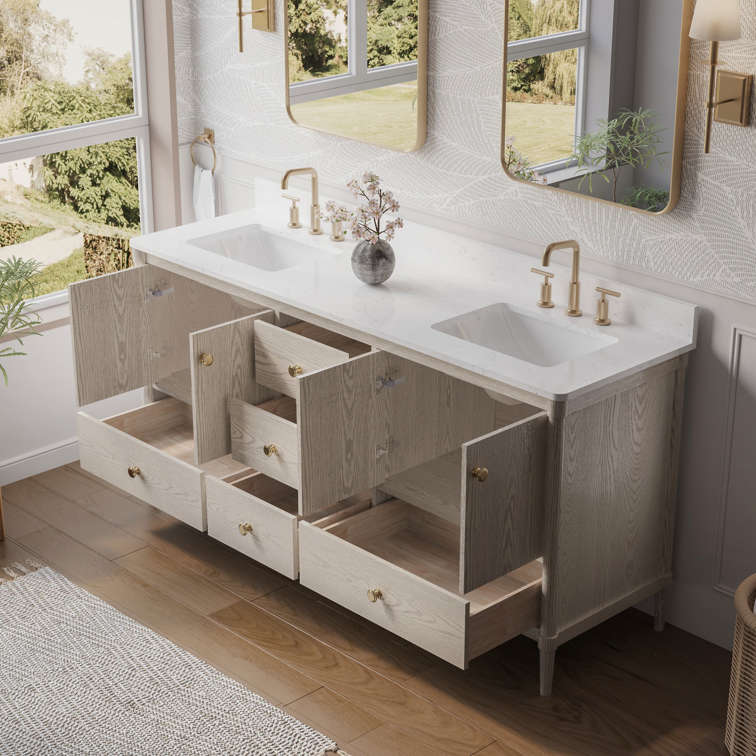 72 Inch Solid Wood Bathroom Vanity with Carrara Quartz Top, 4 Soft-Close Doors & 5 Drawers