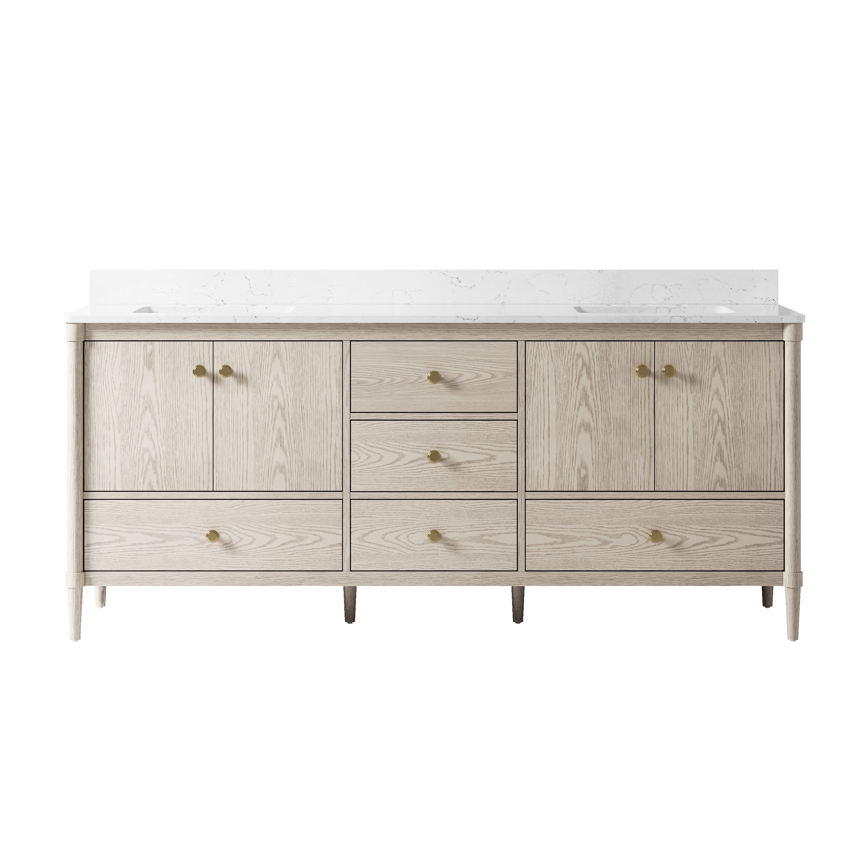 80 Inch Solid Wood Bathroom Vanity with Carrara Quartz Top, 4 Soft-Close Doors & 5 Drawers