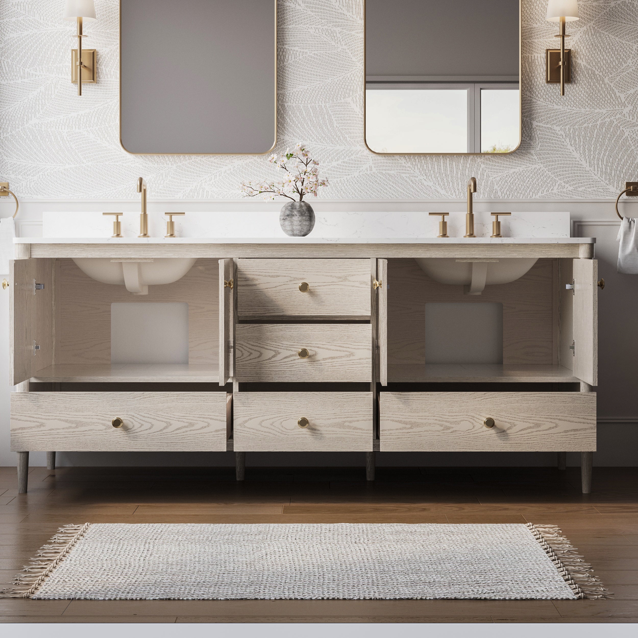 80 Inch Solid Wood Bathroom Vanity with Carrara Quartz Top, 4 Soft-Close Doors & 5 Drawers