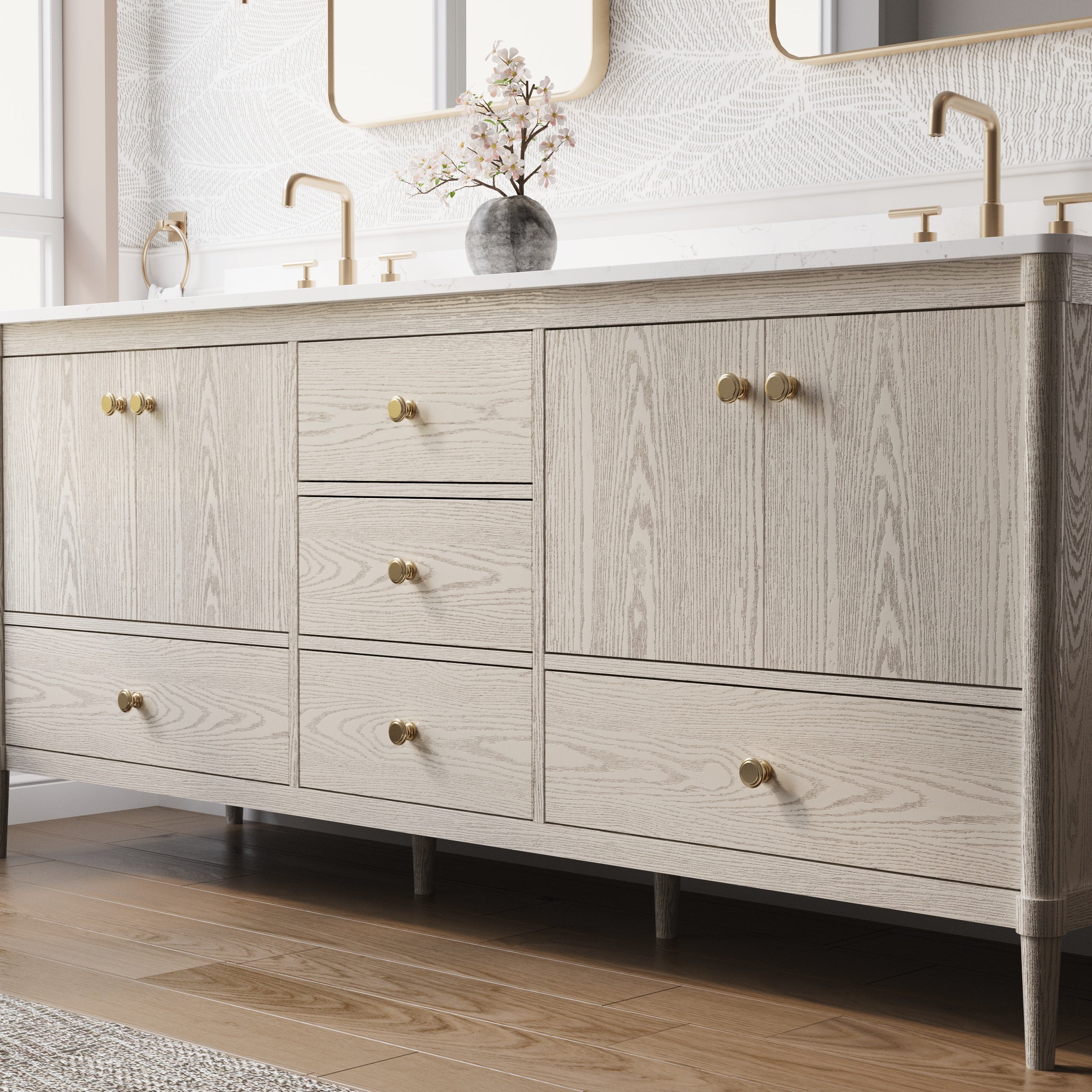 80 Inch Solid Wood Bathroom Vanity with Carrara Quartz Top, 4 Soft-Close Doors & 5 Drawers