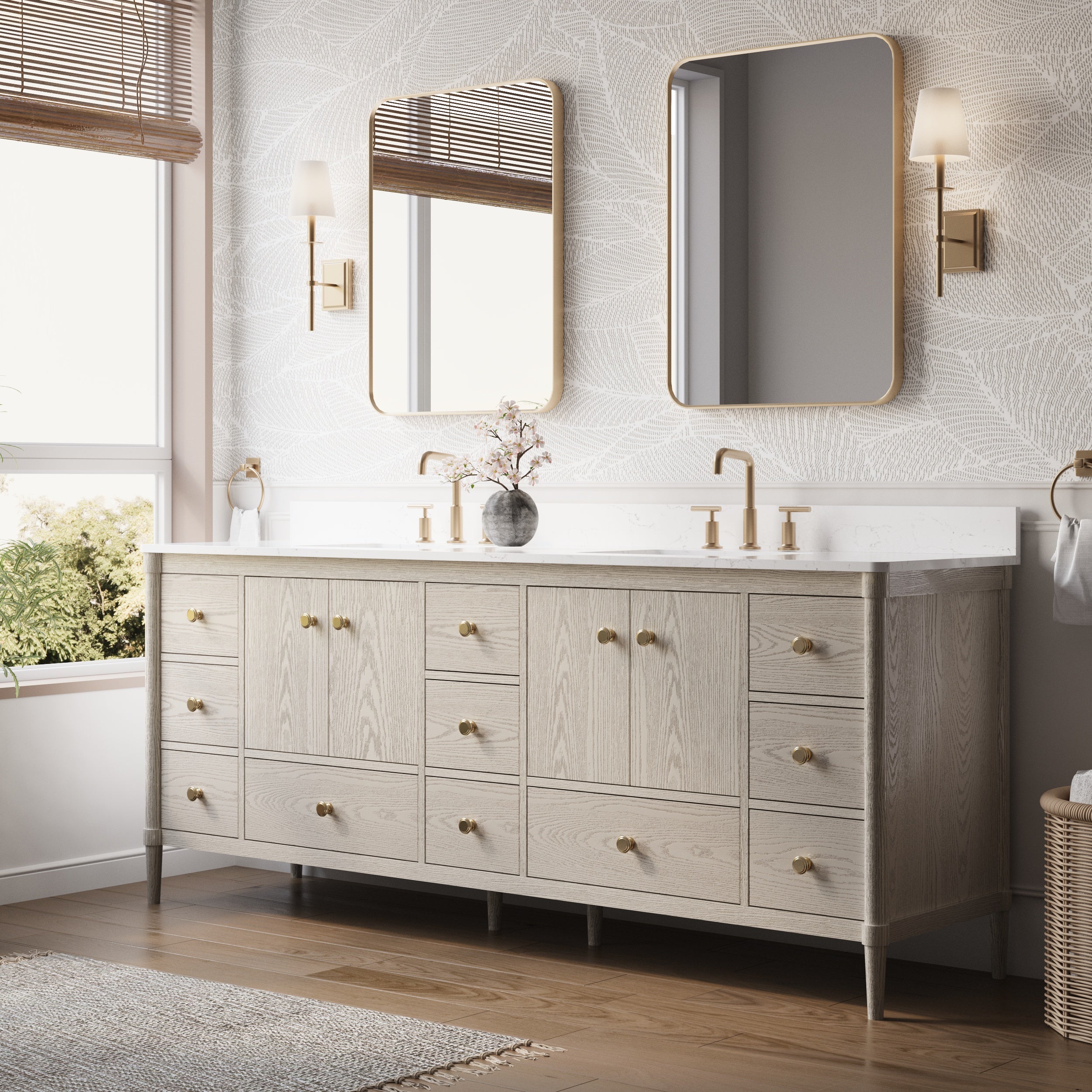 84 Inch Solid Wood Bathroom Vanity with Carrara Quartz Top, 4 Soft-Close Doors & 11 Drawers