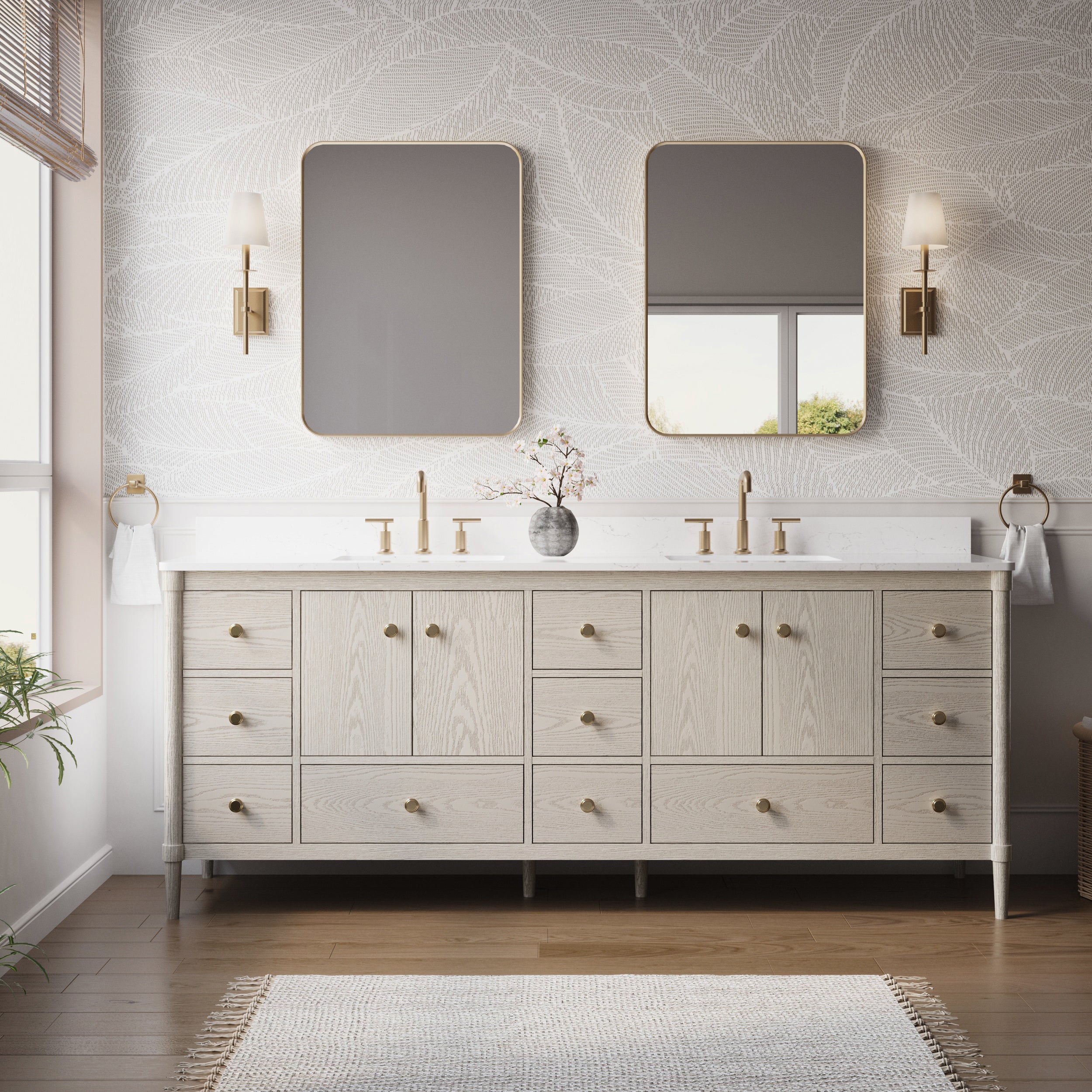 84 Inch Solid Wood Bathroom Vanity with Carrara Quartz Top, 4 Soft-Close Doors & 11 Drawers
