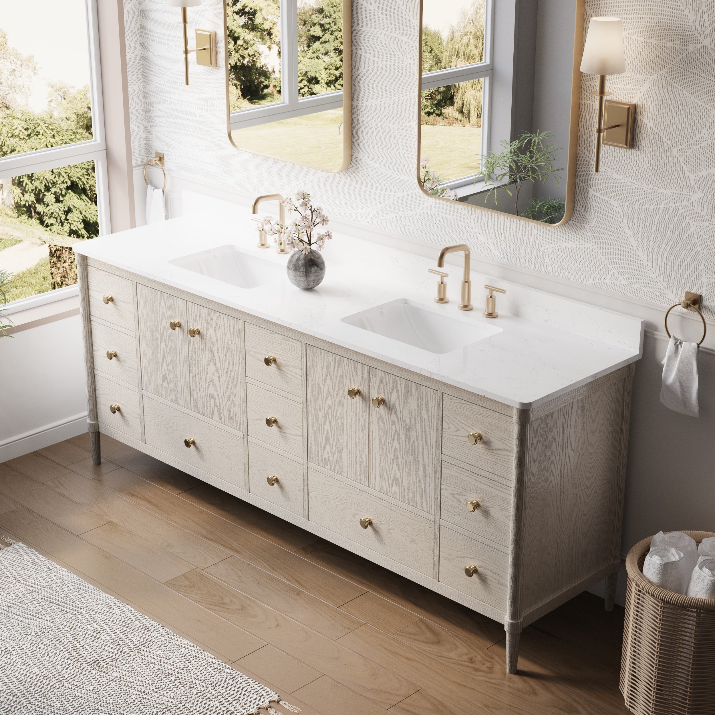 84 Inch Solid Wood Bathroom Vanity with Carrara Quartz Top, 4 Soft-Close Doors & 11 Drawers