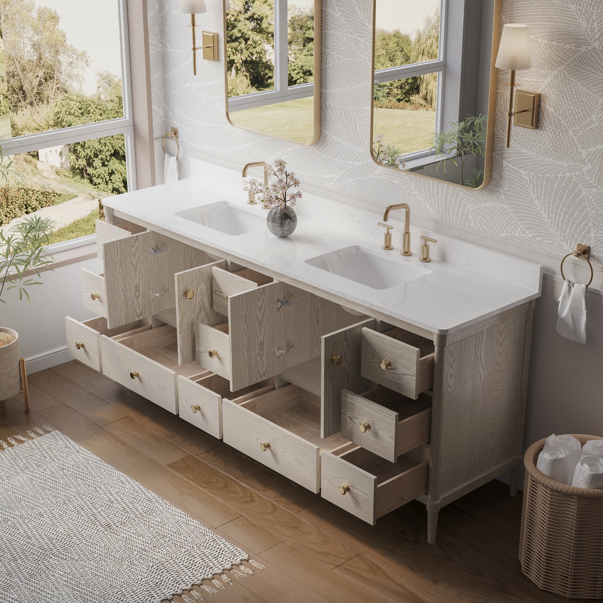 84 Inch Solid Wood Bathroom Vanity with Carrara Quartz Top, 4 Soft-Close Doors & 11 Drawers