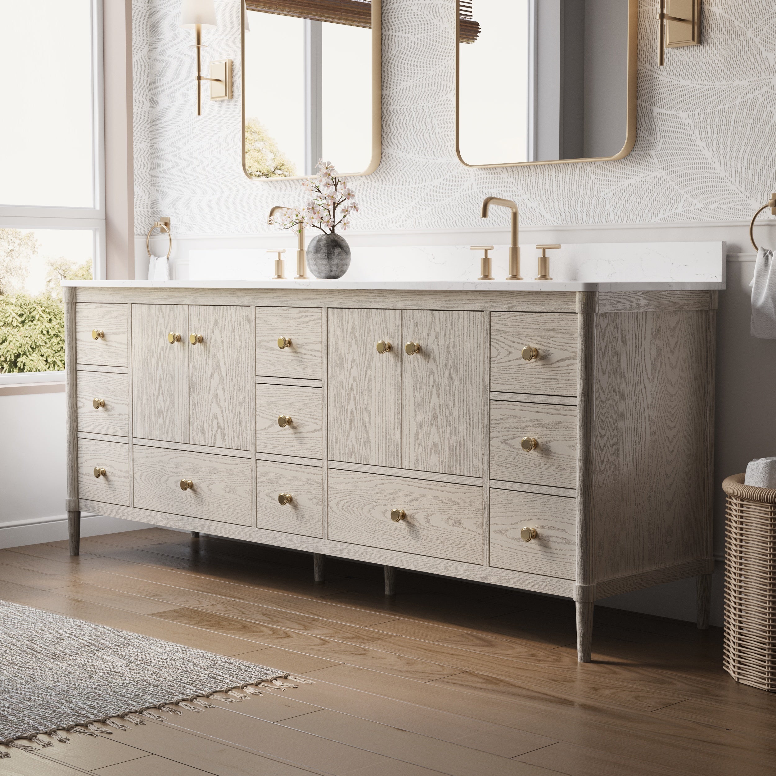 84 Inch Solid Wood Bathroom Vanity with Carrara Quartz Top, 4 Soft-Close Doors & 11 Drawers