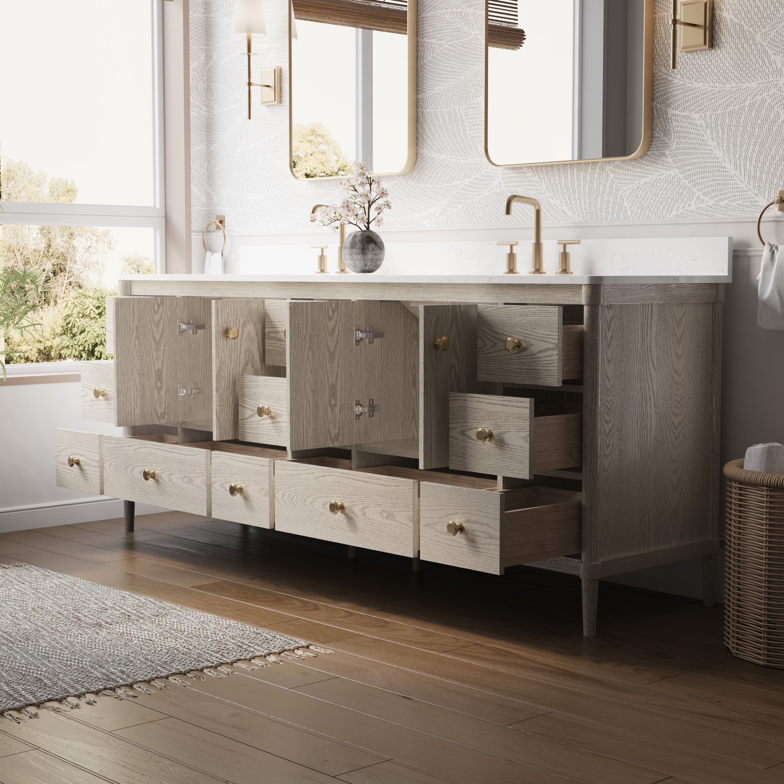 84 Inch Solid Wood Bathroom Vanity with Carrara Quartz Top, 4 Soft-Close Doors & 11 Drawers