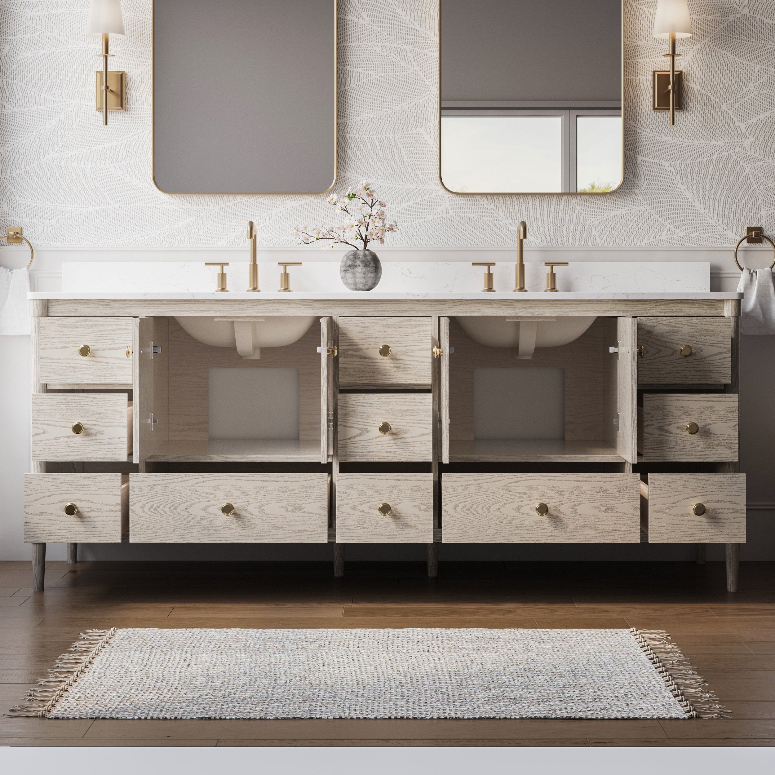 84 Inch Solid Wood Bathroom Vanity with Carrara Quartz Top, 4 Soft-Close Doors & 11 Drawers