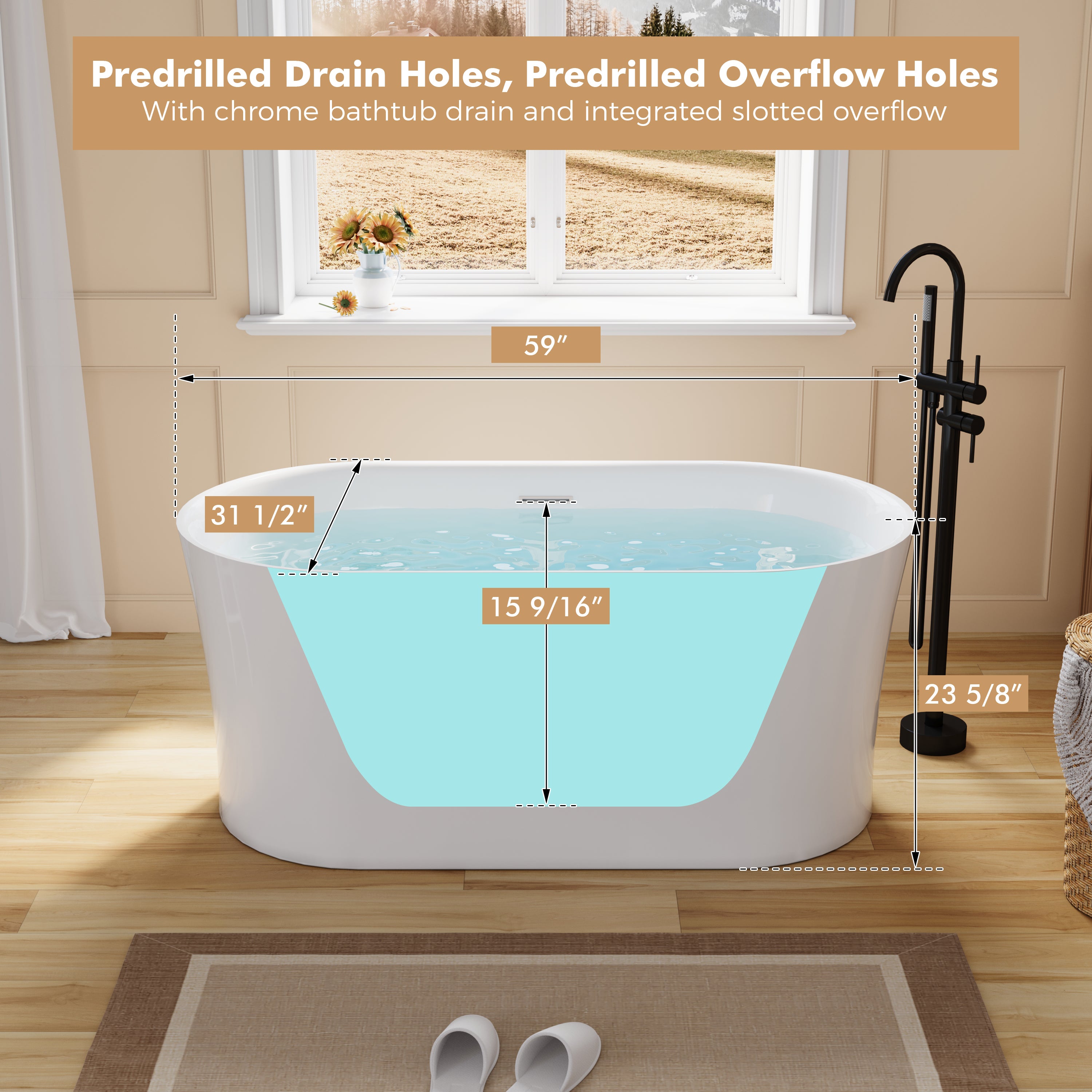 59" Acrylic Freestanding Soaking Bathtub in White with Overflow and Drain